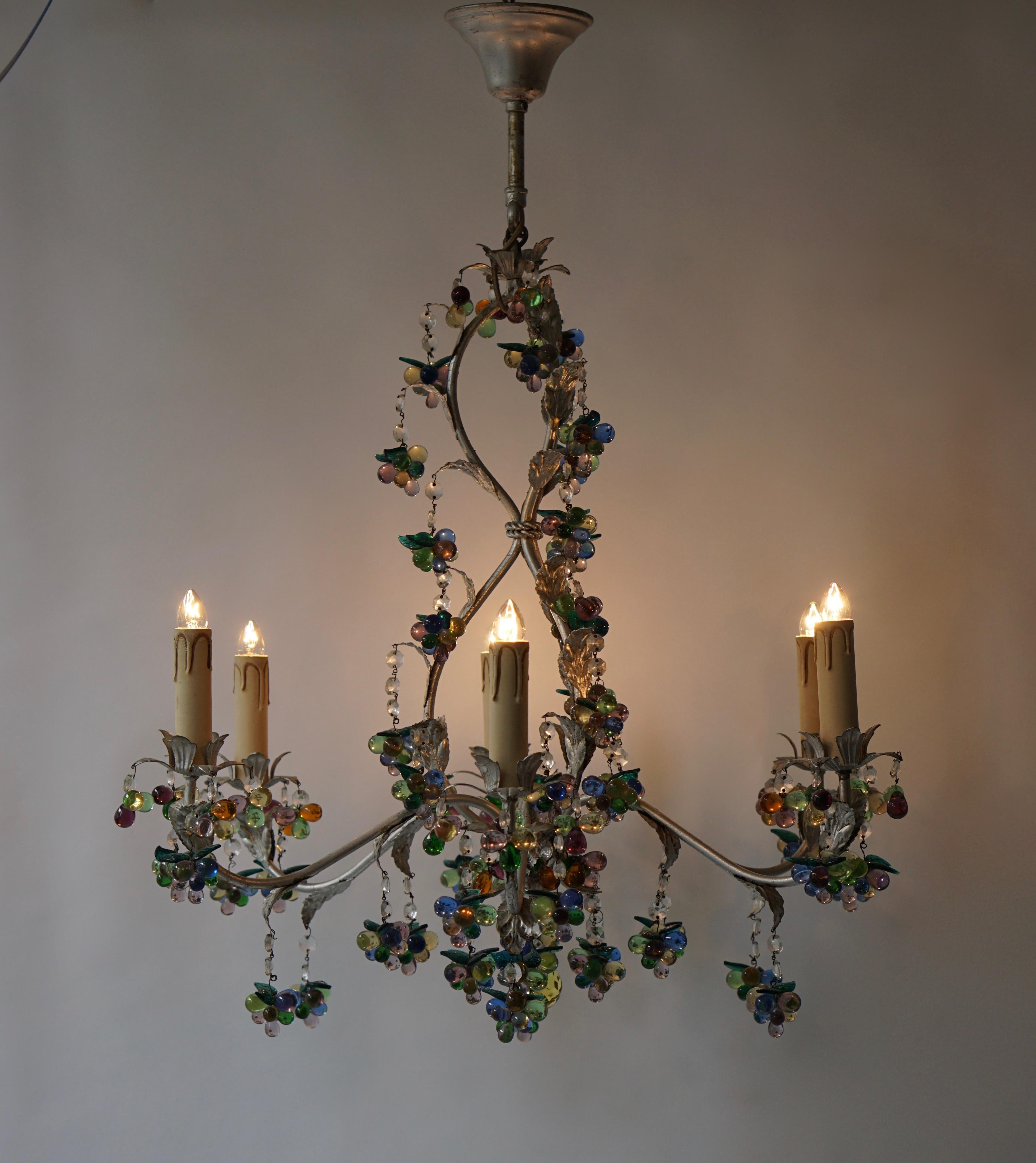 Italian Large Six Branch Chandelier Hung with Amethyst Grapes