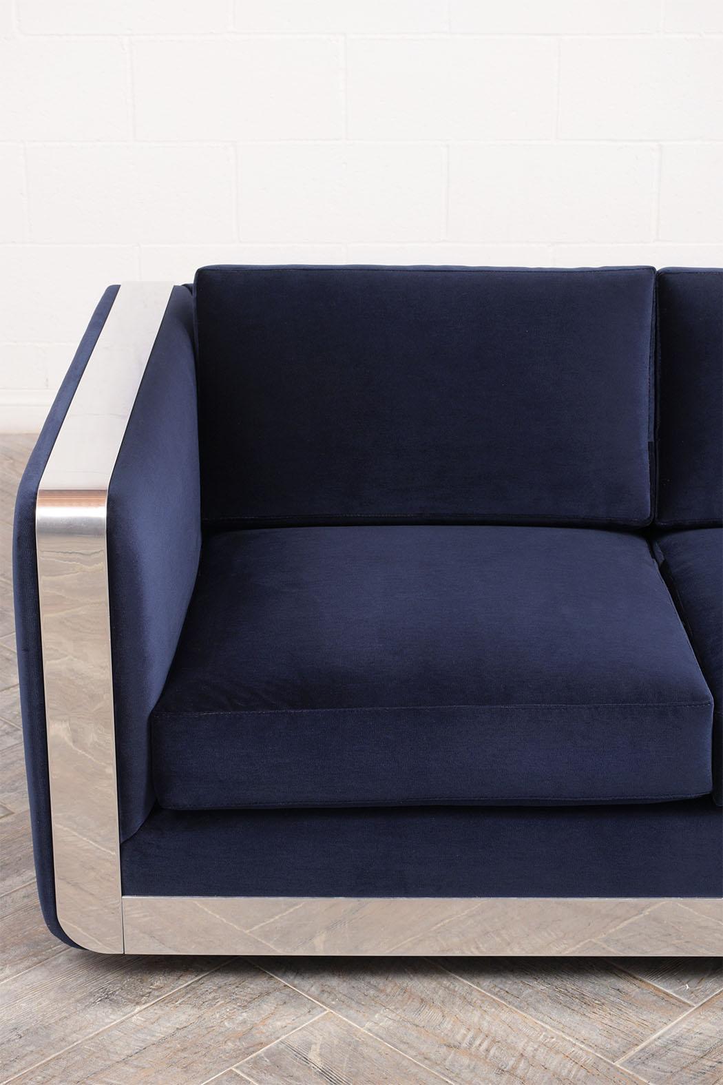 Plated Milo Baughman Style Velvet Sofa