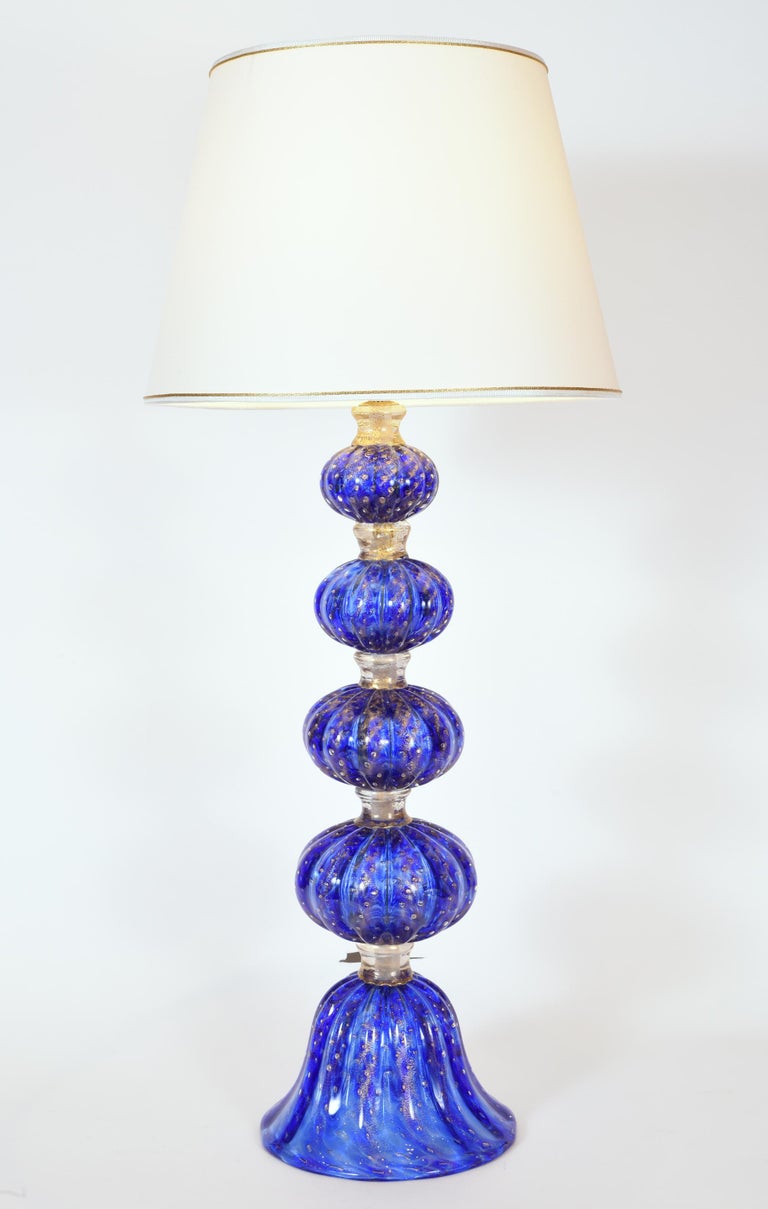 Exquisite Pair of Cobalt Blue with Gold Flecks Table Lamps For Sale at