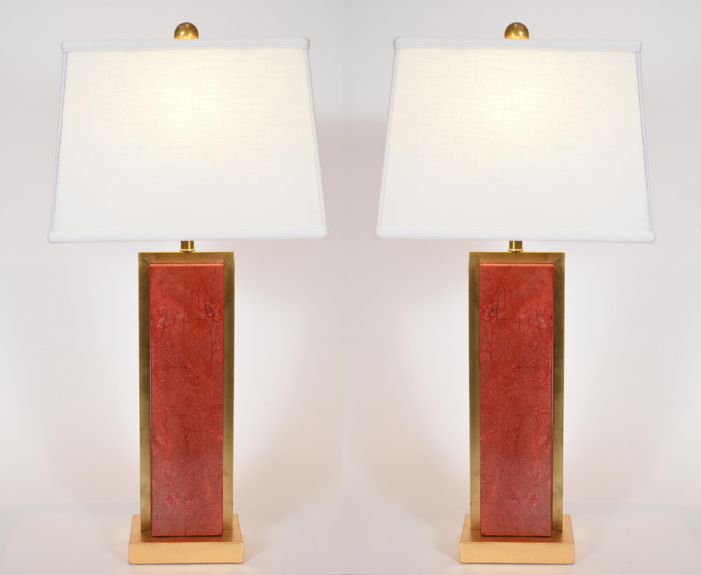Contemporary Pair of Orange Jade Table / Task Lamps with Brass Accent