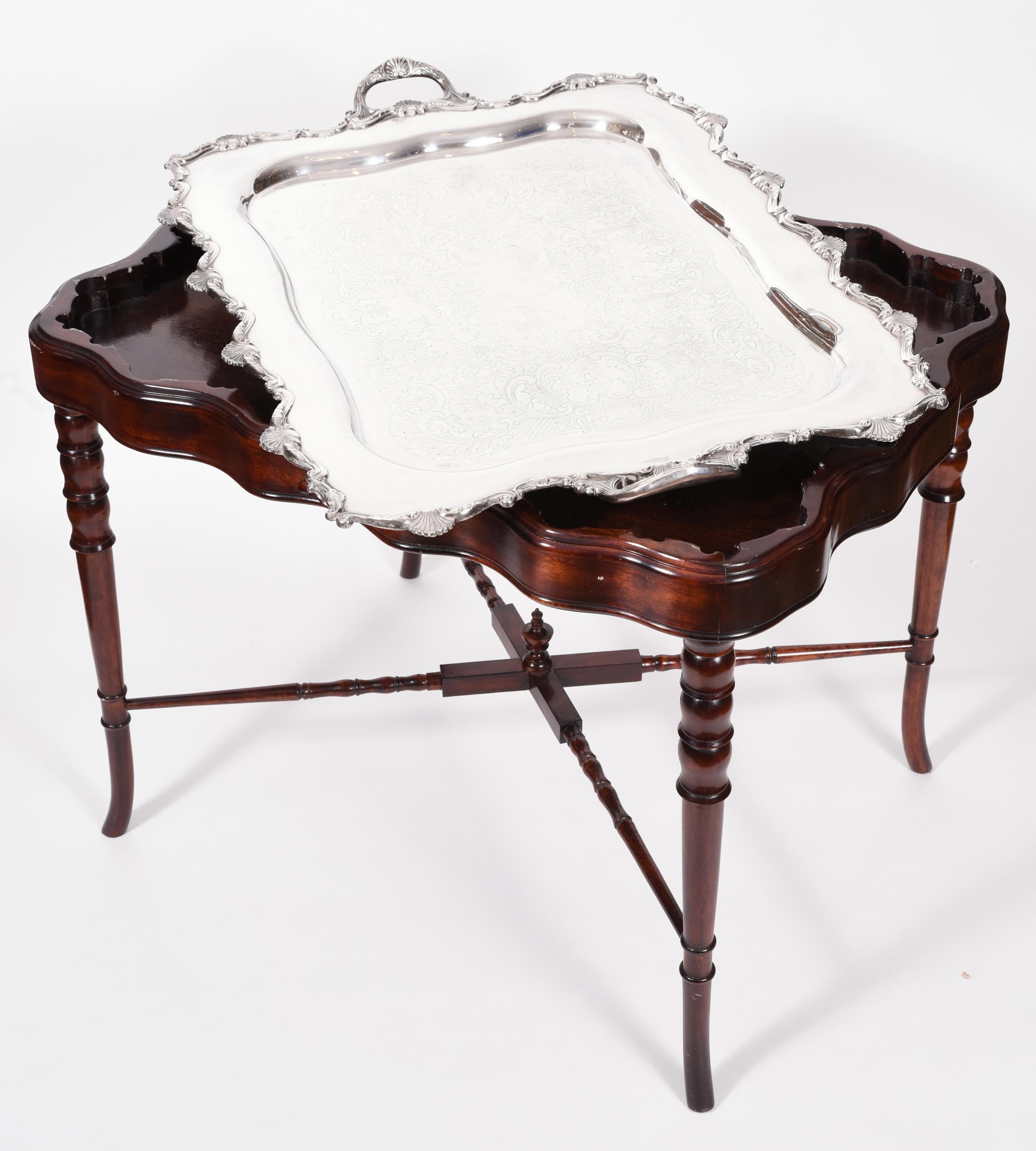 Woodwork Vintage Mahogany Base Frame Silver Plate Tray Table