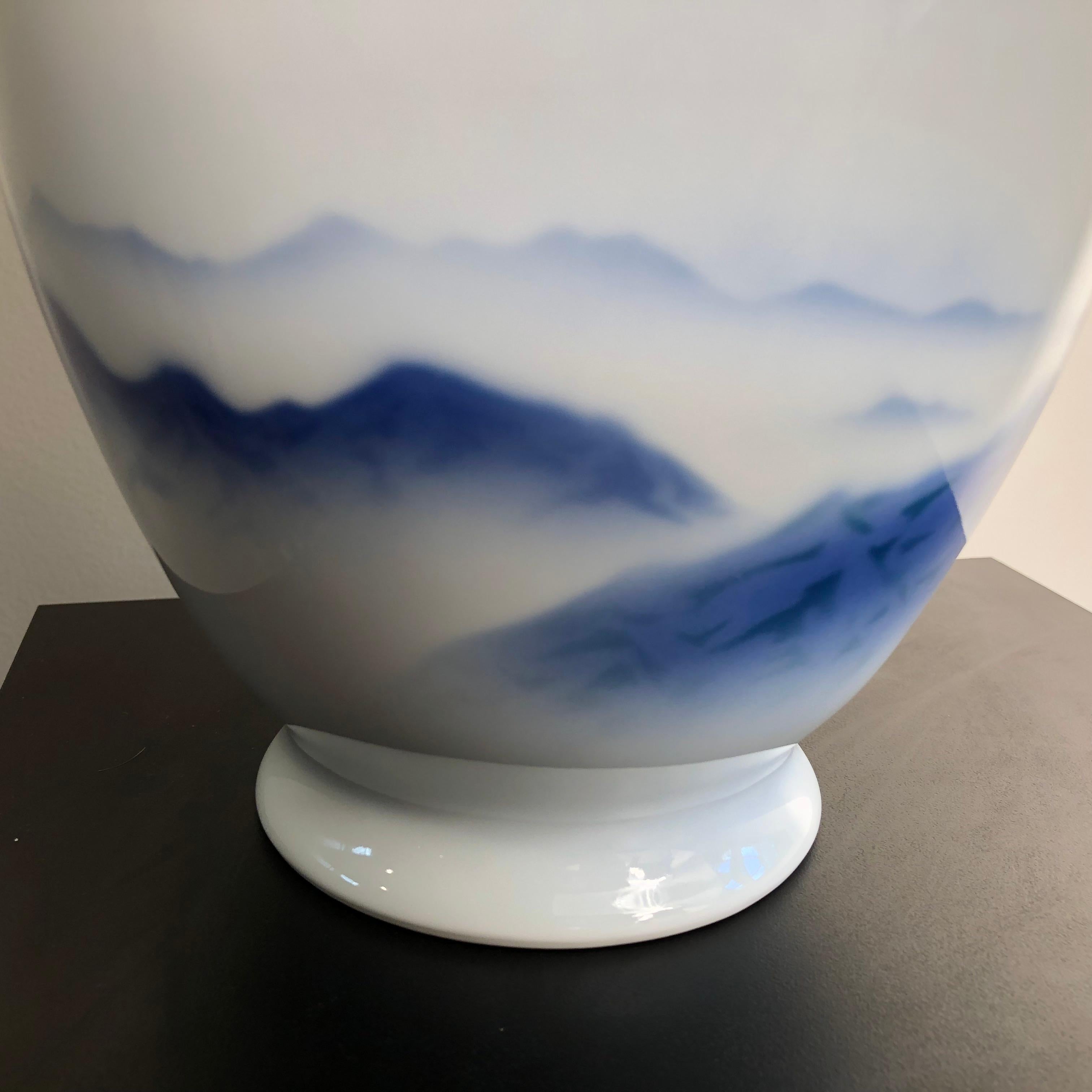 Japanese Fine Old Soft Blue Mountains Porcelain Vase, Mint, Signed and Boxed In Good Condition In South Burlington, VT