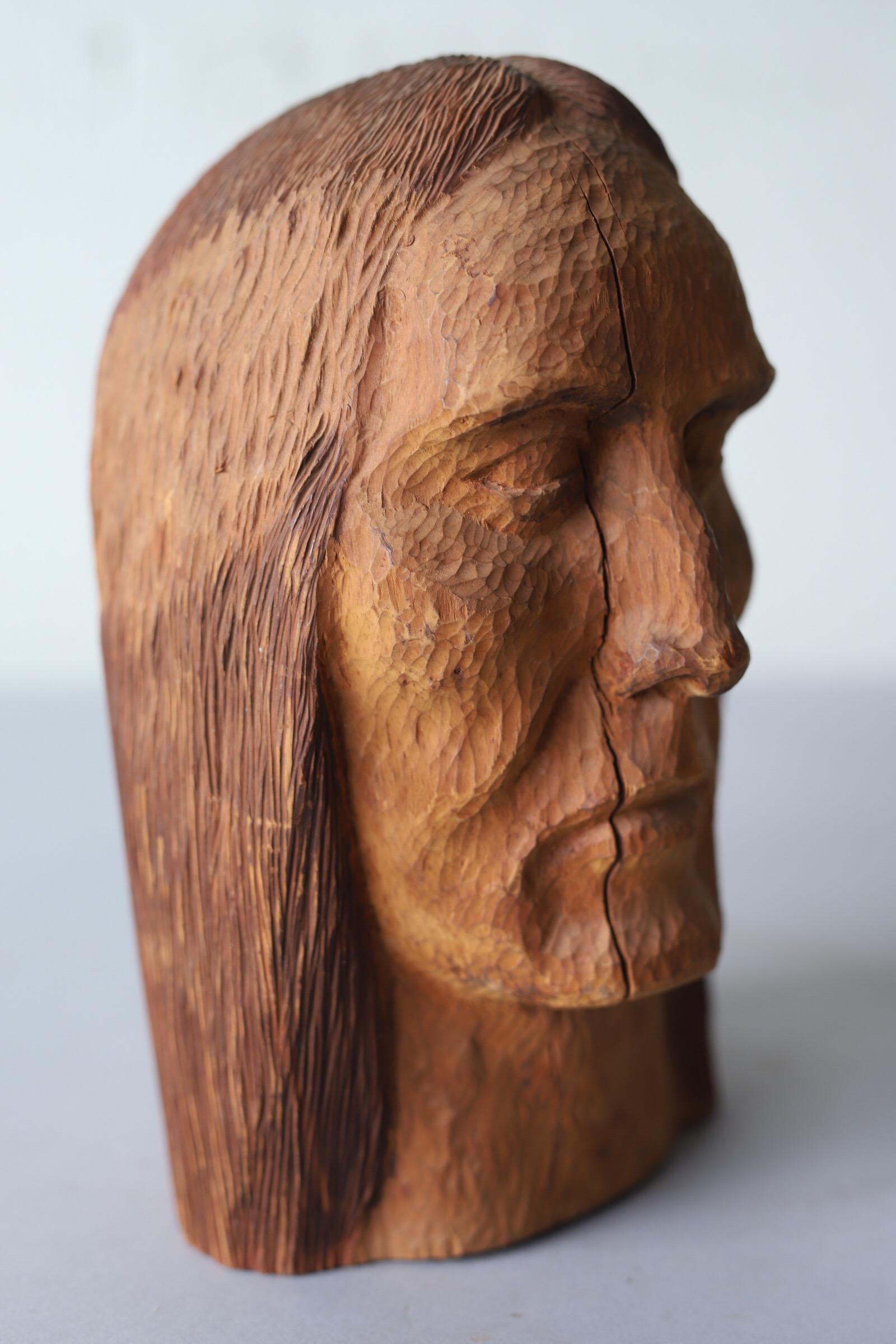 Hand Carved Wood Head In Good Condition In Oklahoma City, OK