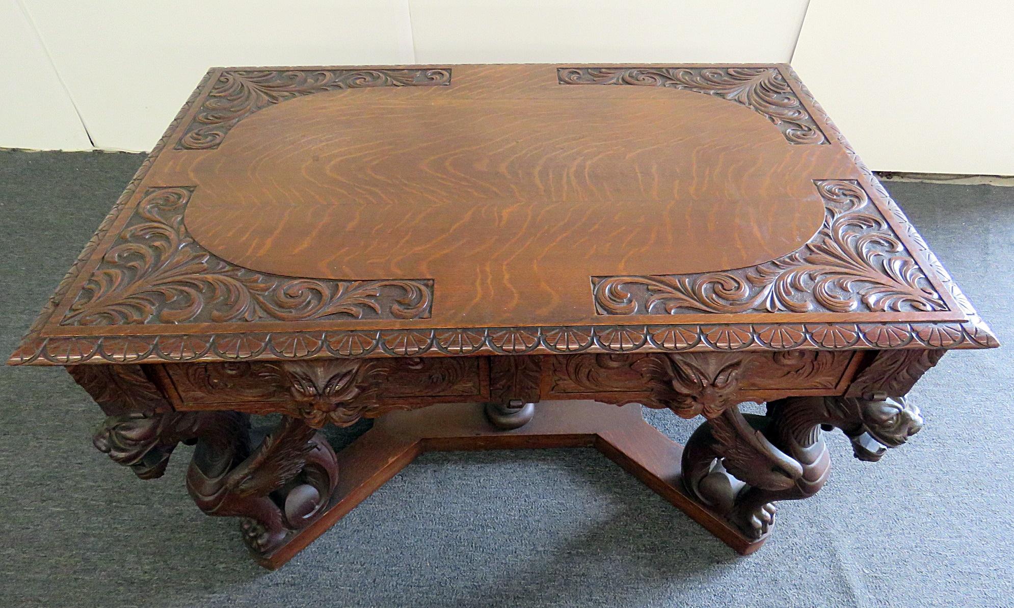 Oak Renaissance Style Winged Griffin Desk 1