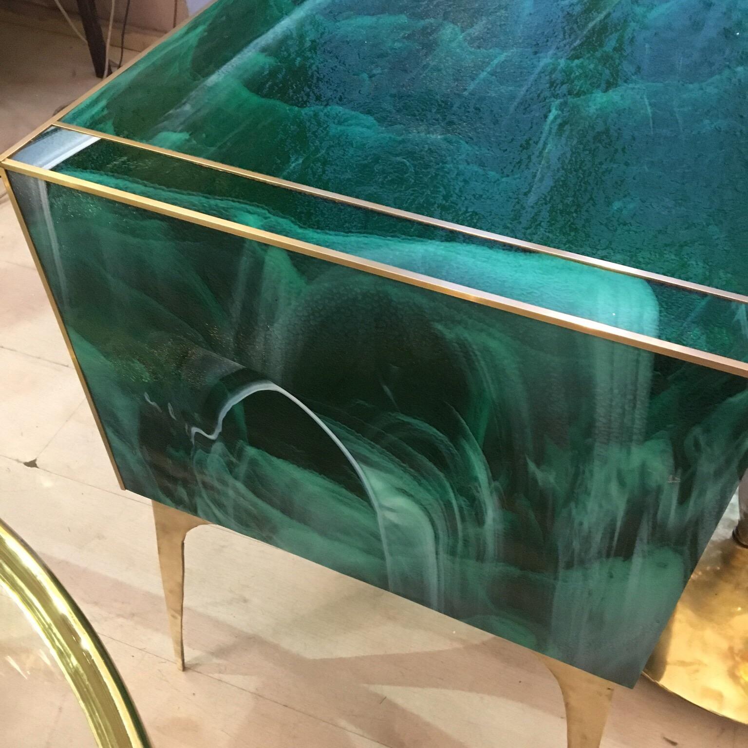 Late 20th Century Italian Green Opaline Glass Chest of Drawers Malachite Effect and Brass, 1970s