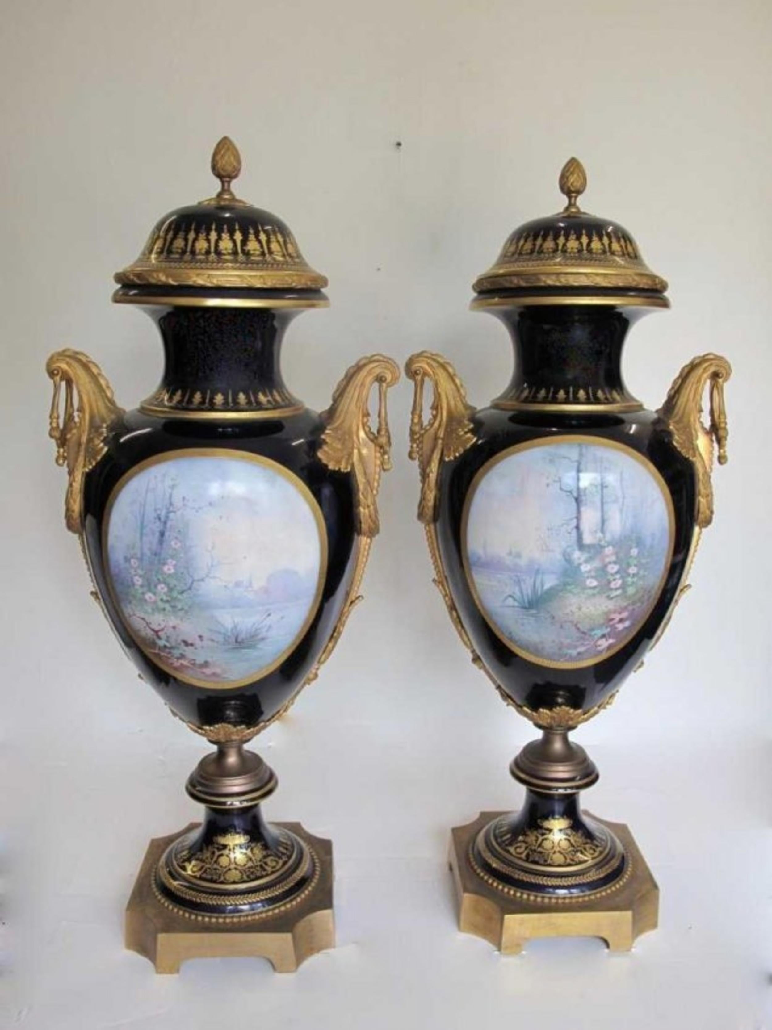Magnificent Pair of Sevres Gilt Bronze Mounted Vases and Covers, Signed For Sale 1