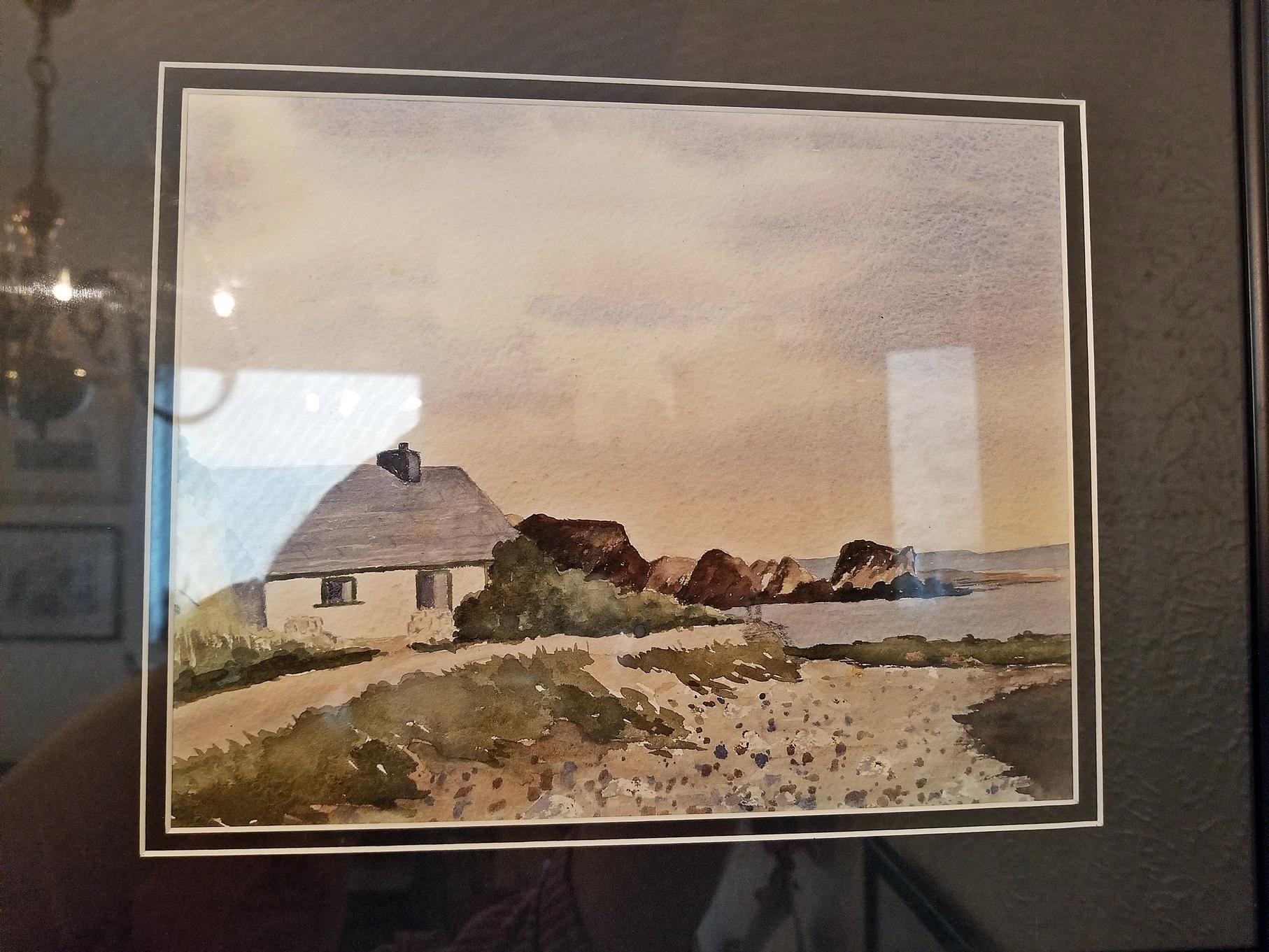 Irish Watercolor by M MacLoughlin of Cottage by the Sea In Good Condition For Sale In Dallas, TX