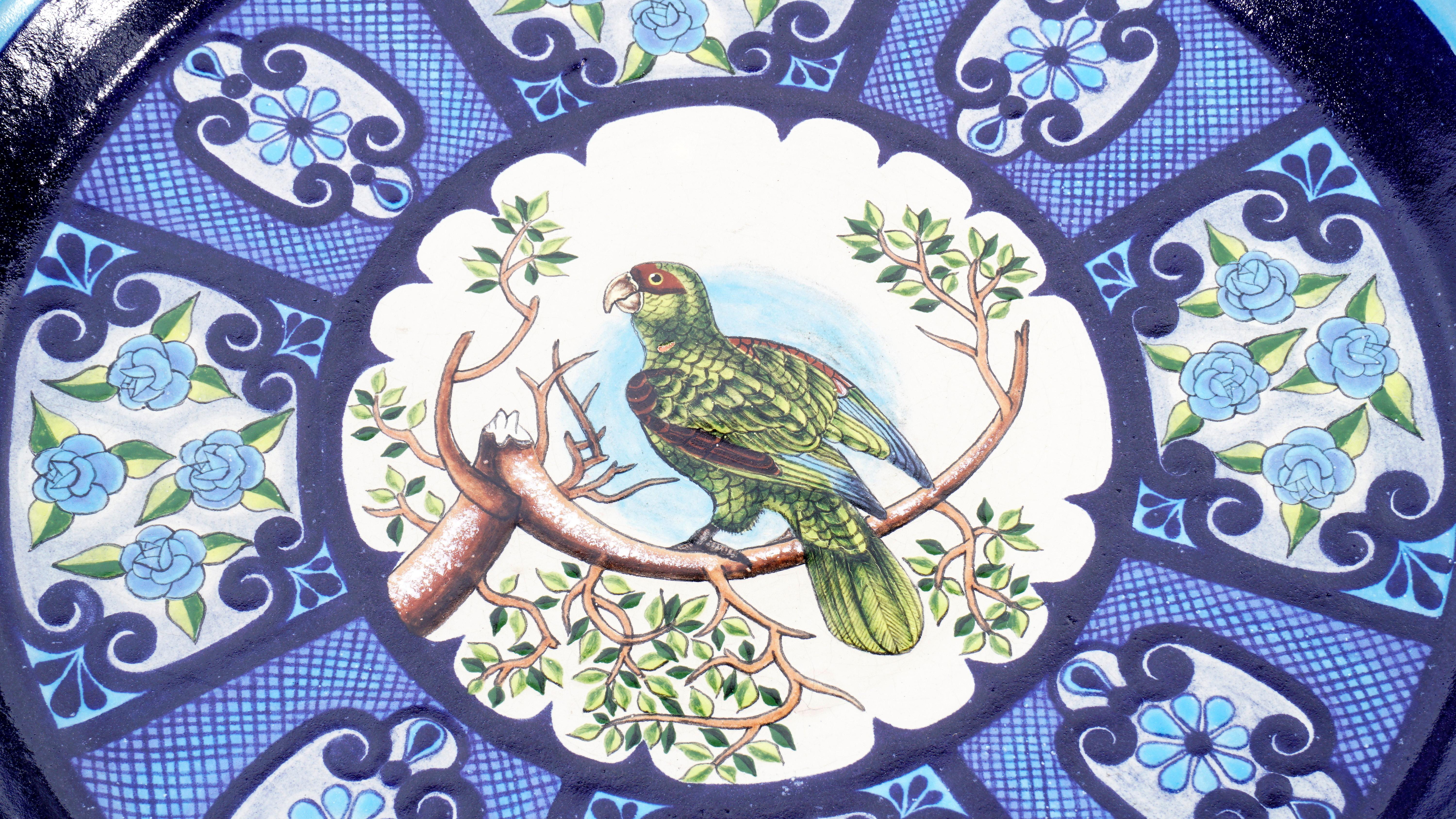 Mexican Ceramic and White Metal 'Alpaca' Toucans and Parrot Set of Plates