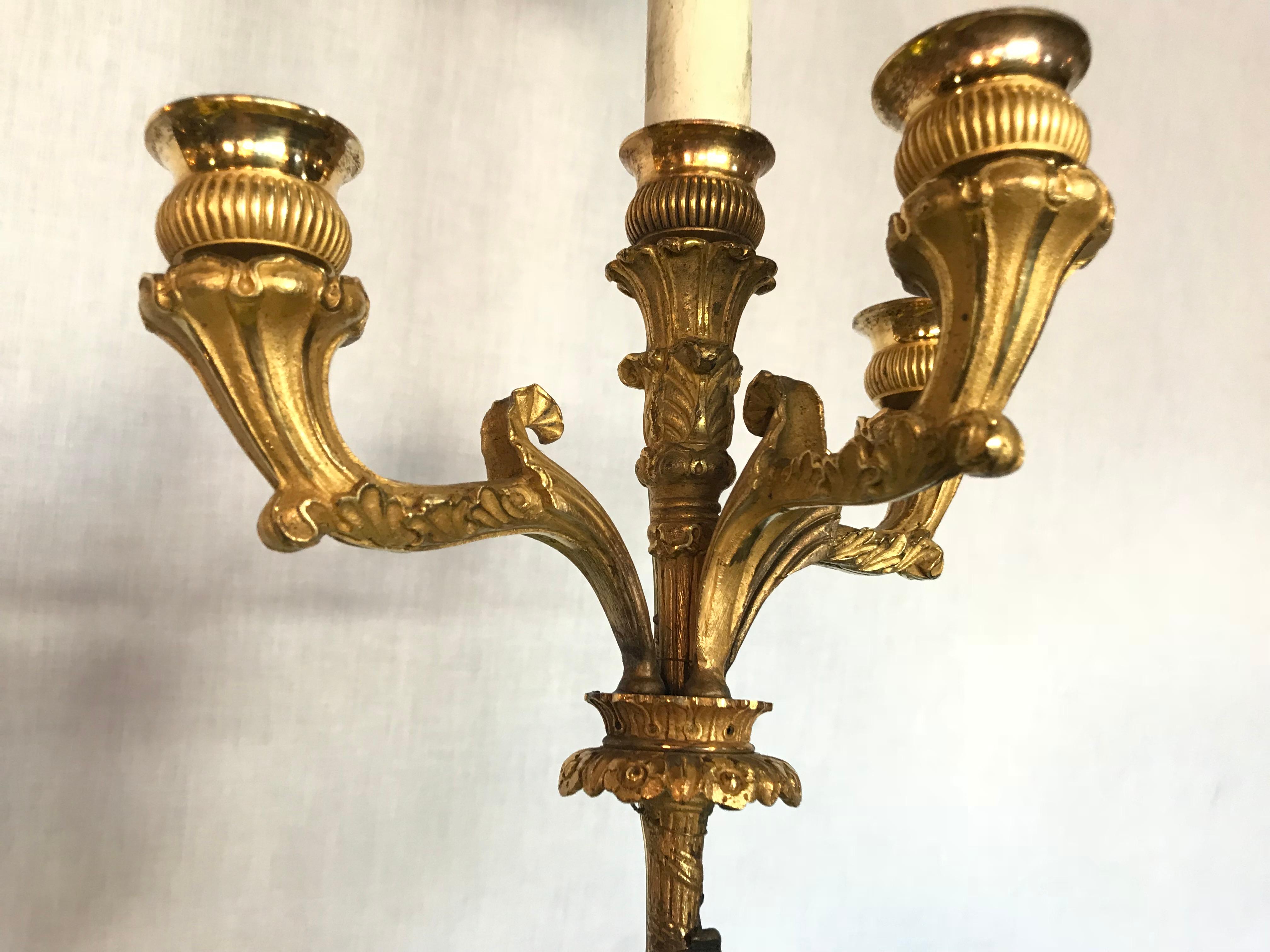 Empire Doré Bronze Candelabra Lamp Having a Patinated Woman Mounted as a Lamp In Good Condition For Sale In Stamford, CT
