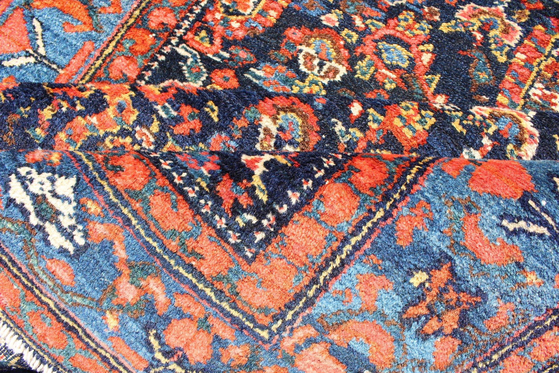 Early 20th Century All-Over Design Antique Persian Malayer Long Runner in Blue and Burnt Orange 
