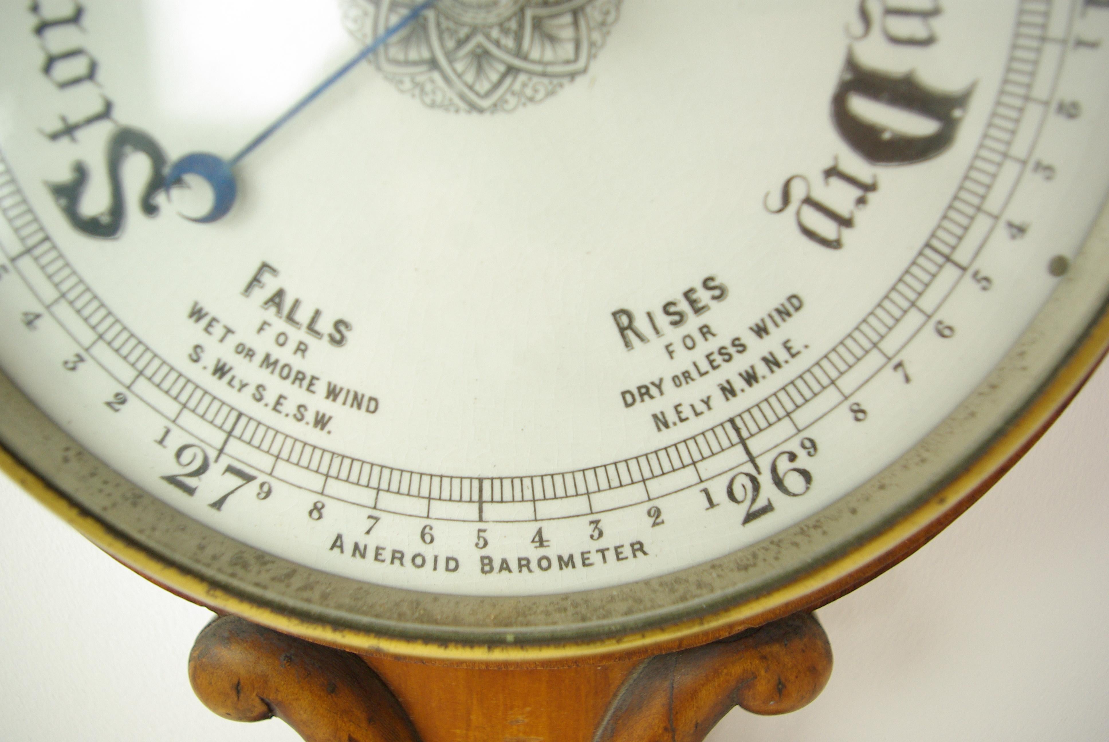Antique Barometer, Aneroid Barometer, Decorative Barometer, Carved Walnut, B1282 In Good Condition In Vancouver, BC