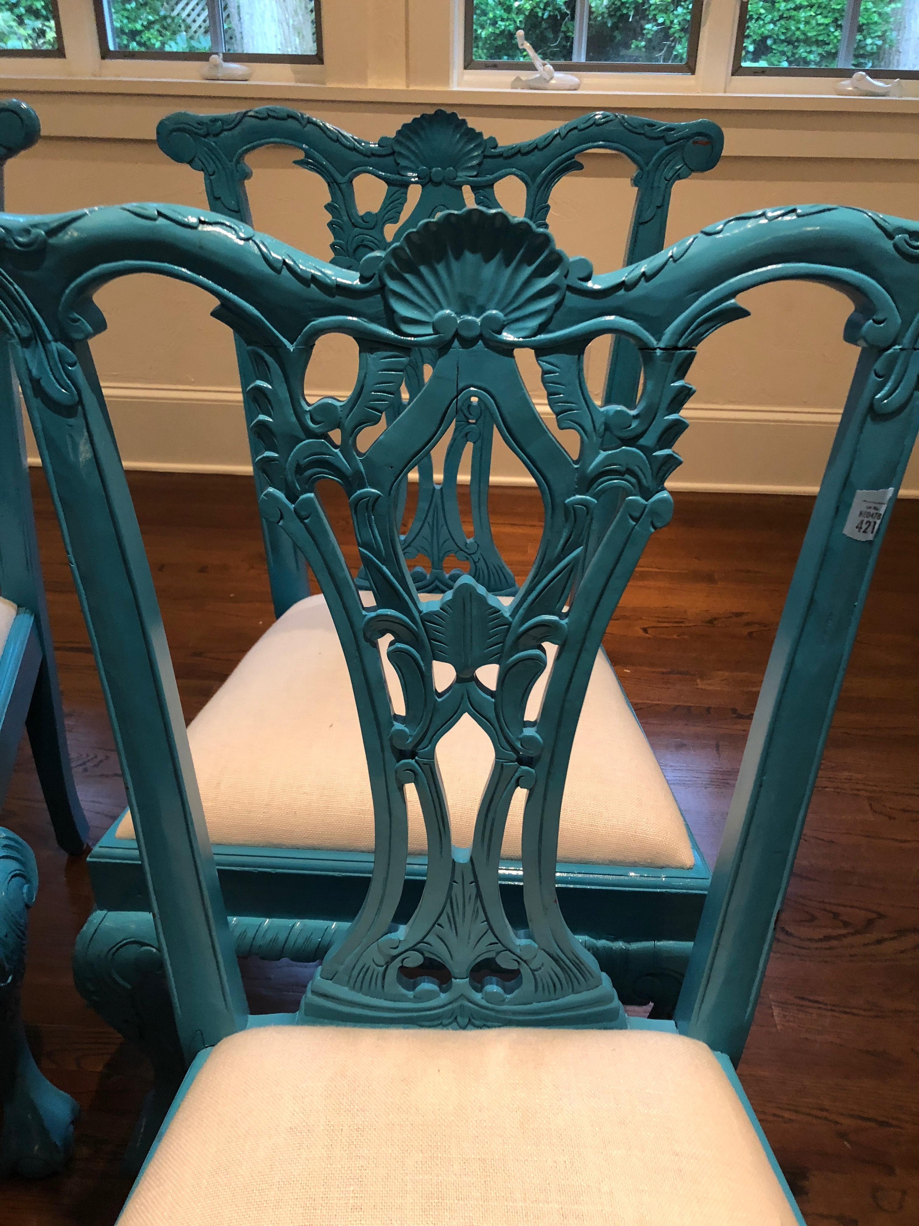 Glamorous Set of 8 Lacquered Carved Wood Dining Chairs In Good Condition In Hopewell, NJ