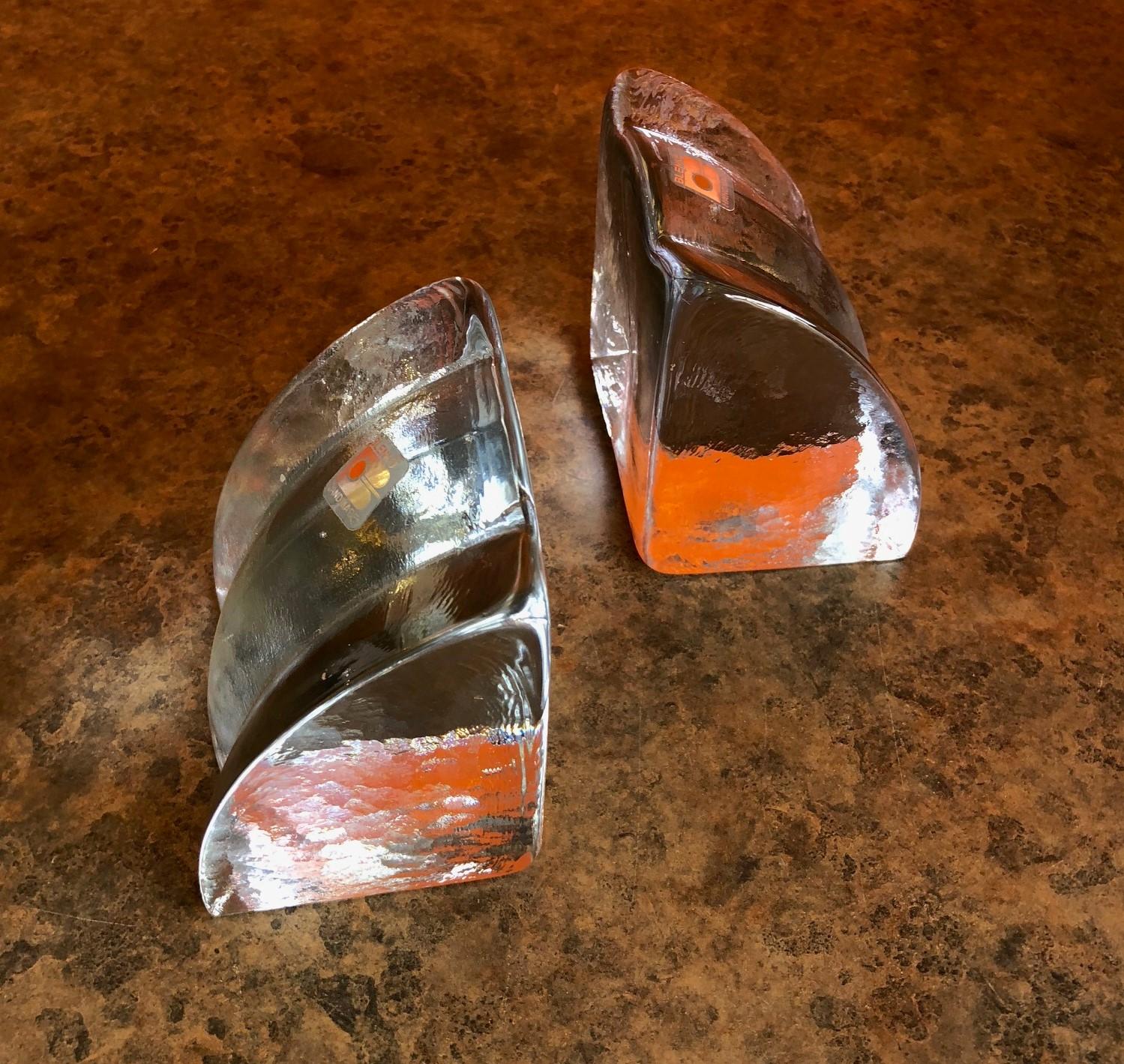 American Quarter Circle Wedge Clear Glass Bookends by Blenko