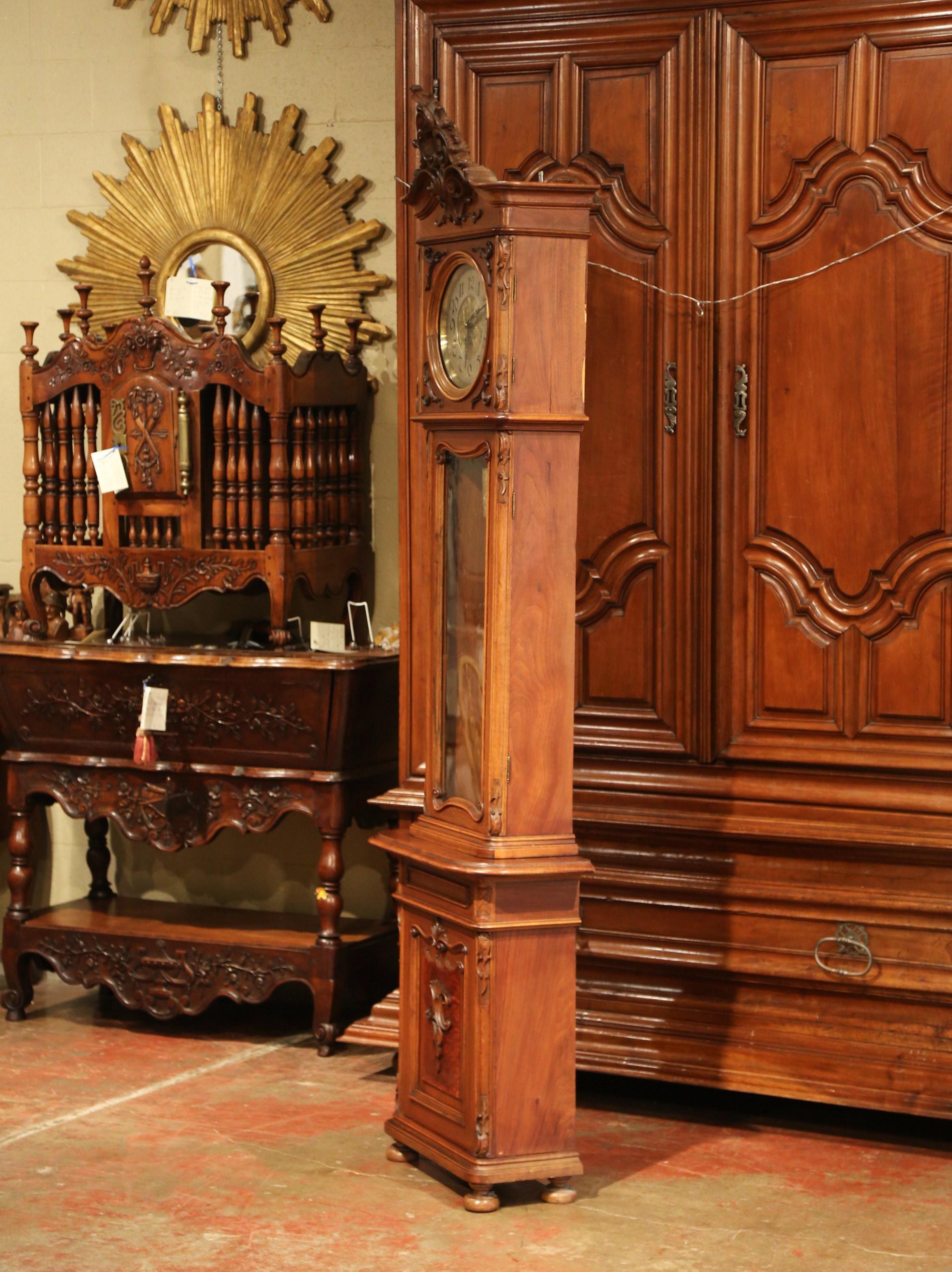 Brass 19th Century French Louis XV Carved Walnut Grandfather Clock from Lyon