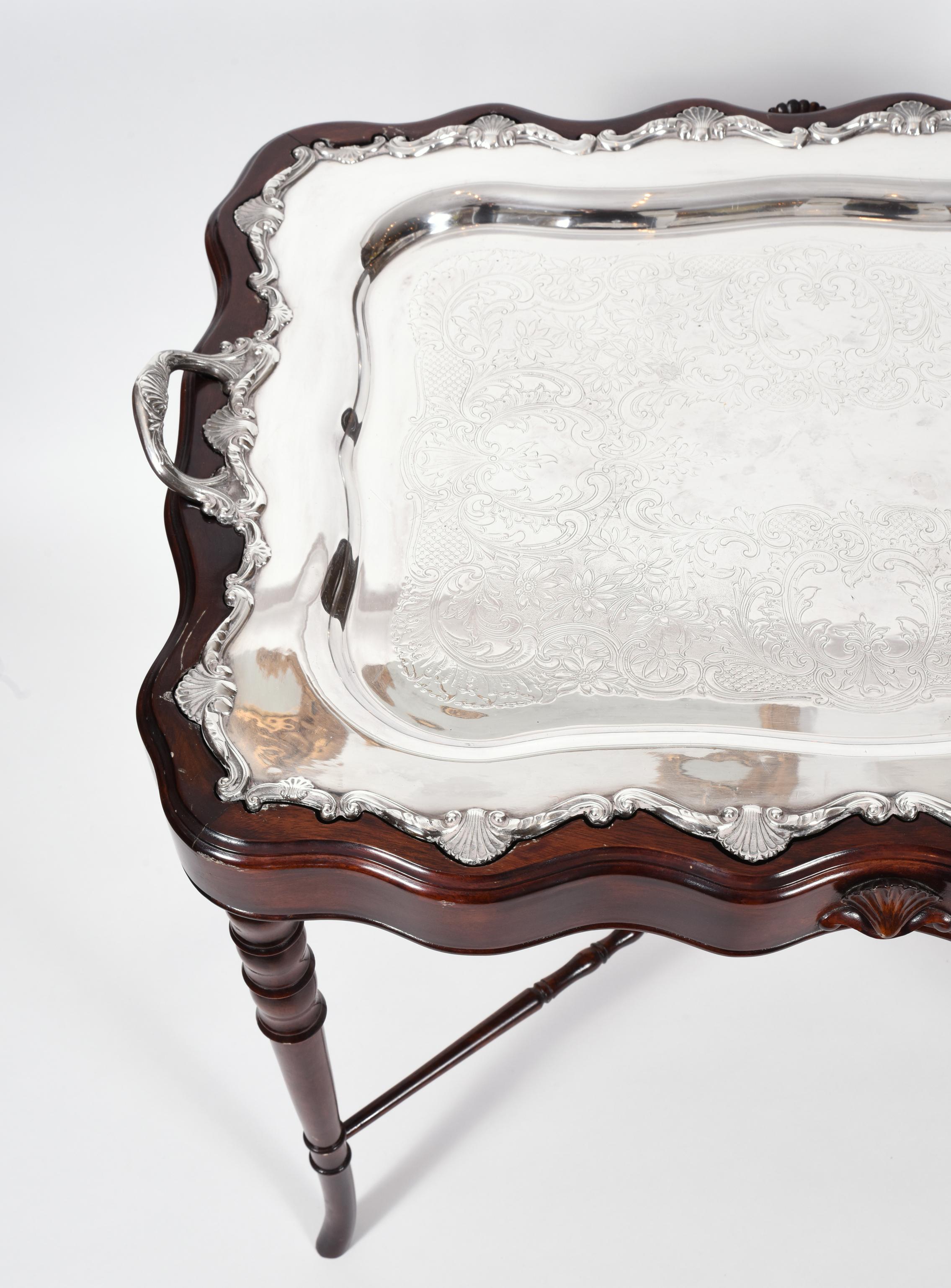 Vintage Mahogany Base Frame Silver Plate Tray Table In Excellent Condition In Tarry Town, NY