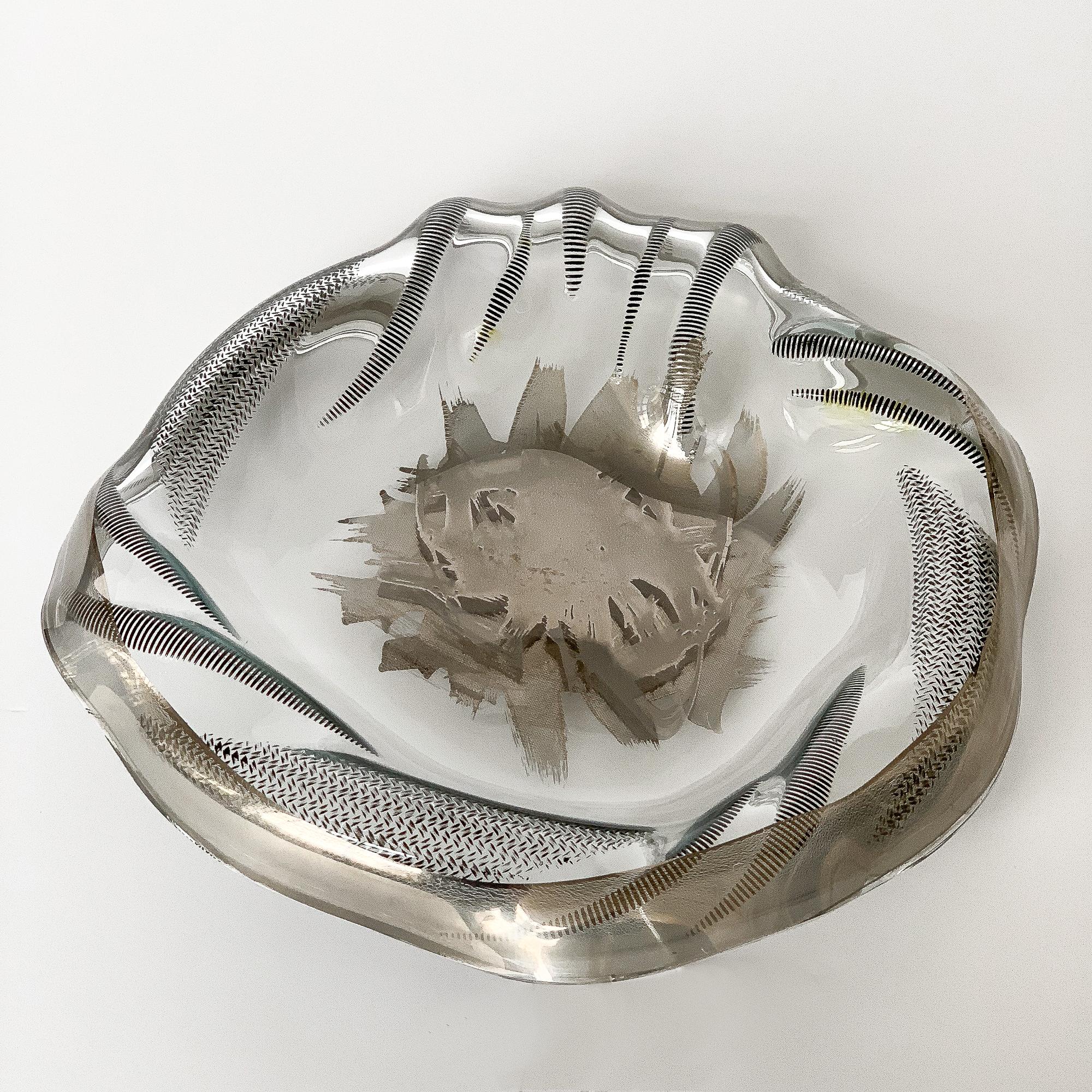 Late 20th Century Unique Sculptural Art Glass Low Bowl with Silver Details