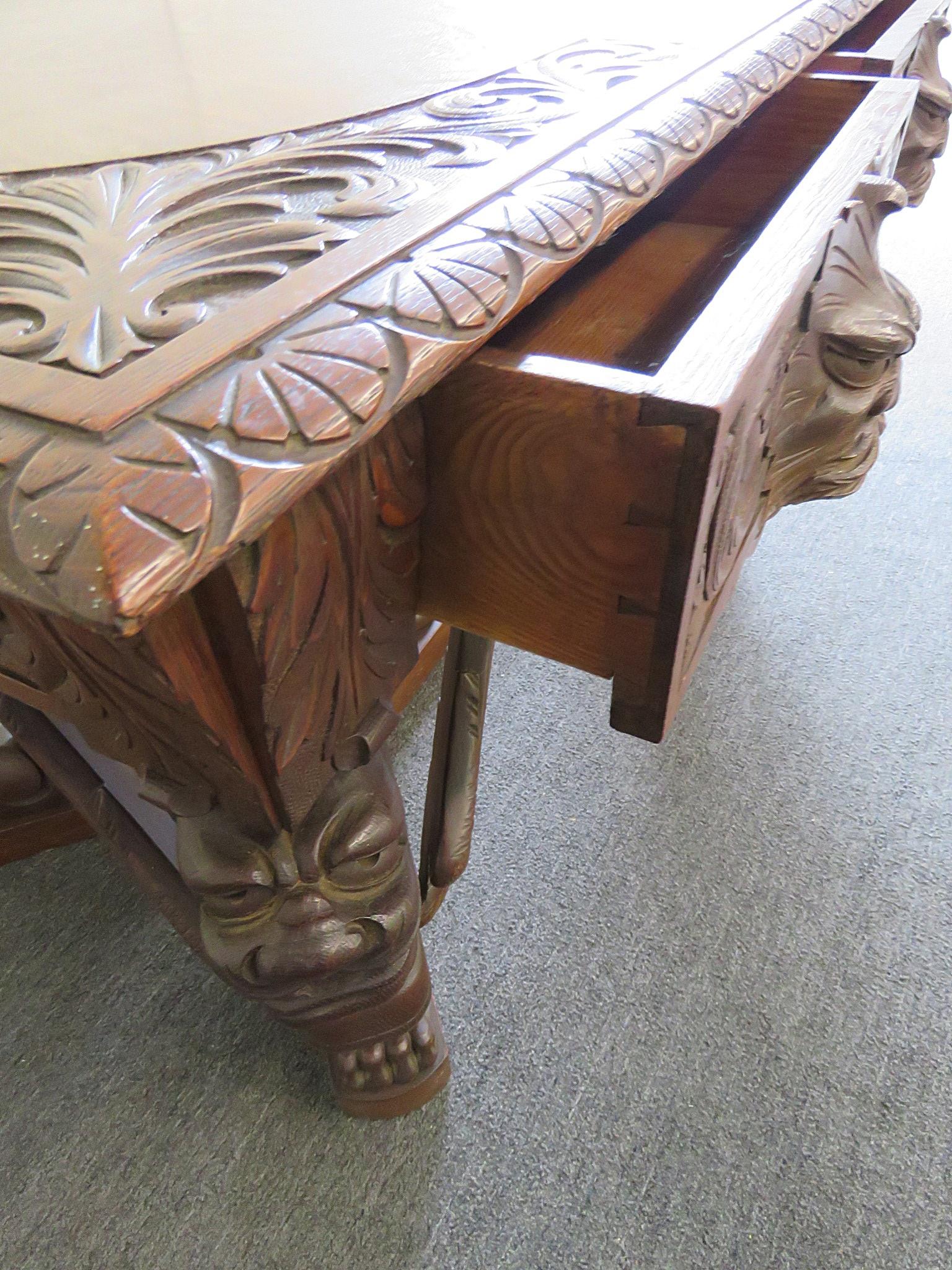 Oak Renaissance Style Winged Griffin Desk 2