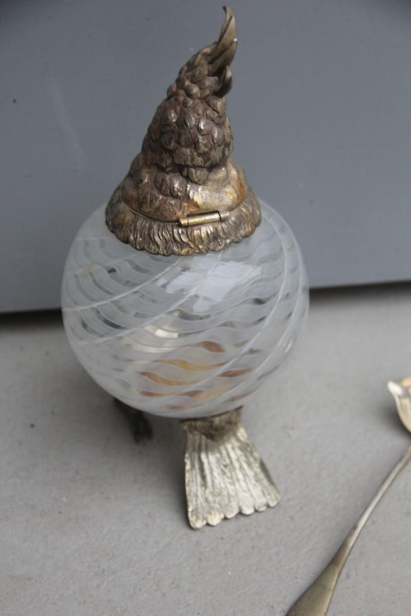 Box with Glass Lid Owl 1960 Italian Design Murano Glass Metal Chrome Brass For Sale 1