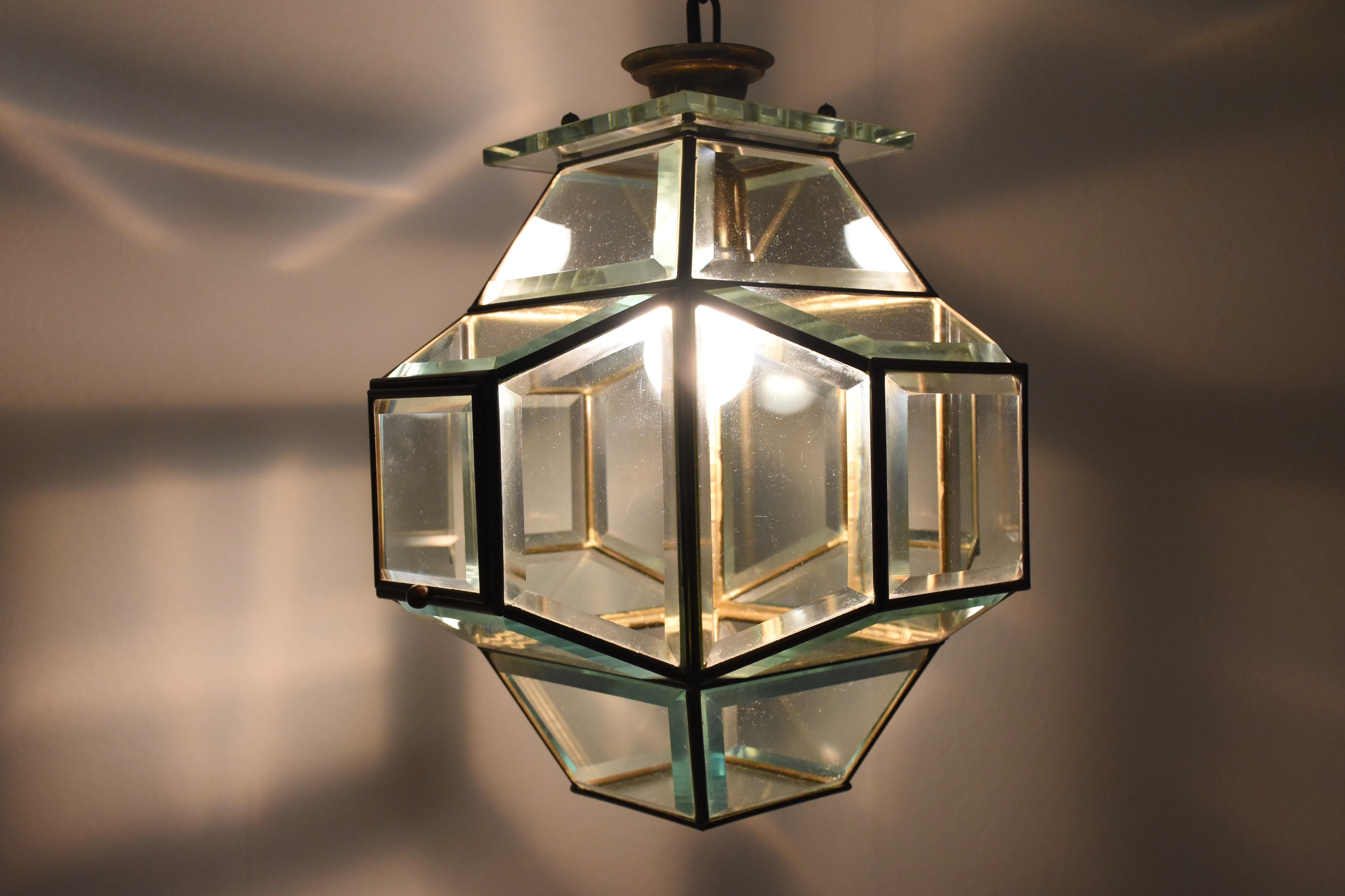 20th Century 1950s Glass and Brass Lantern Attributed to Fontana Arte, Italy Lighting