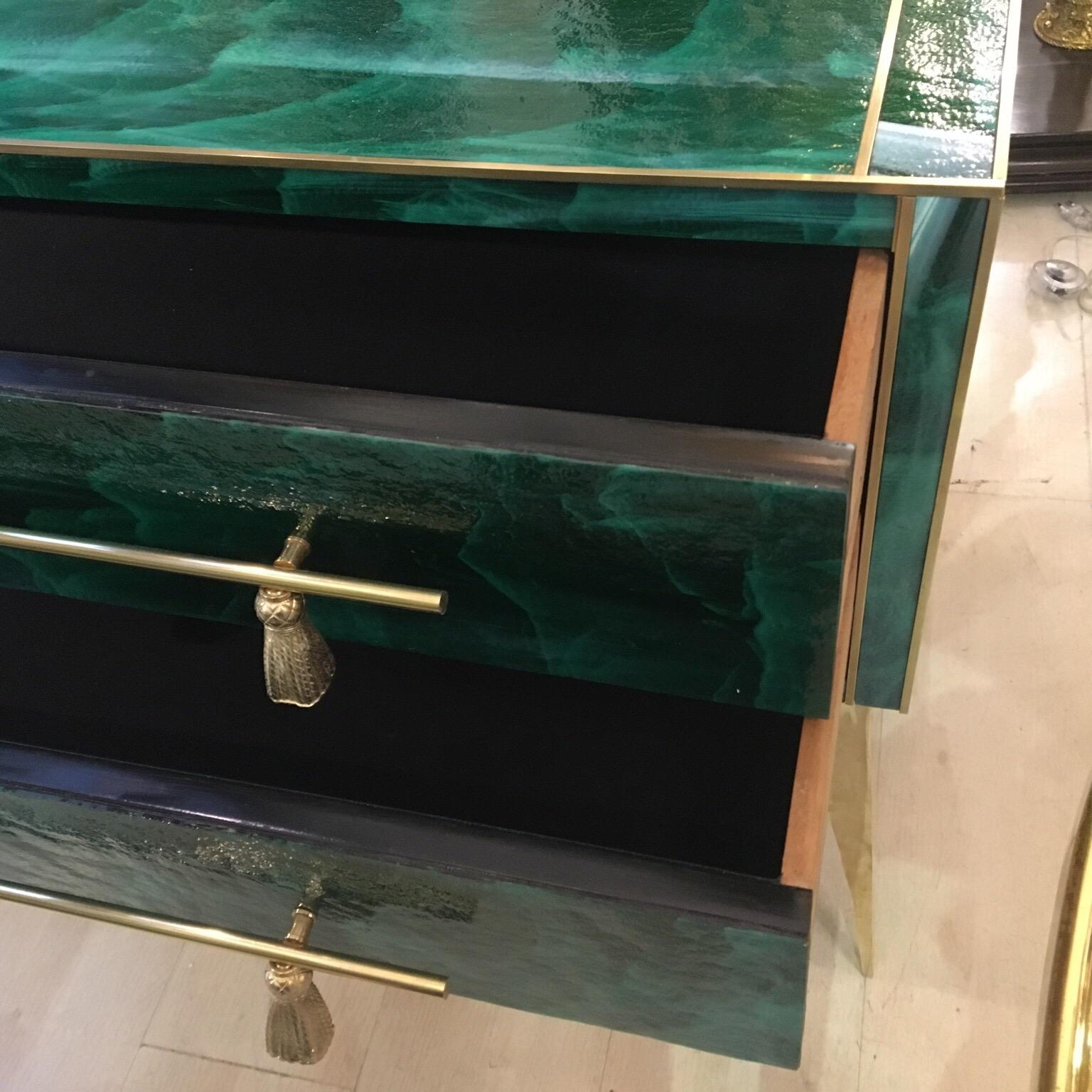 Italian Green Opaline Glass Chest of Drawers Malachite Effect and Brass, 1970s 1