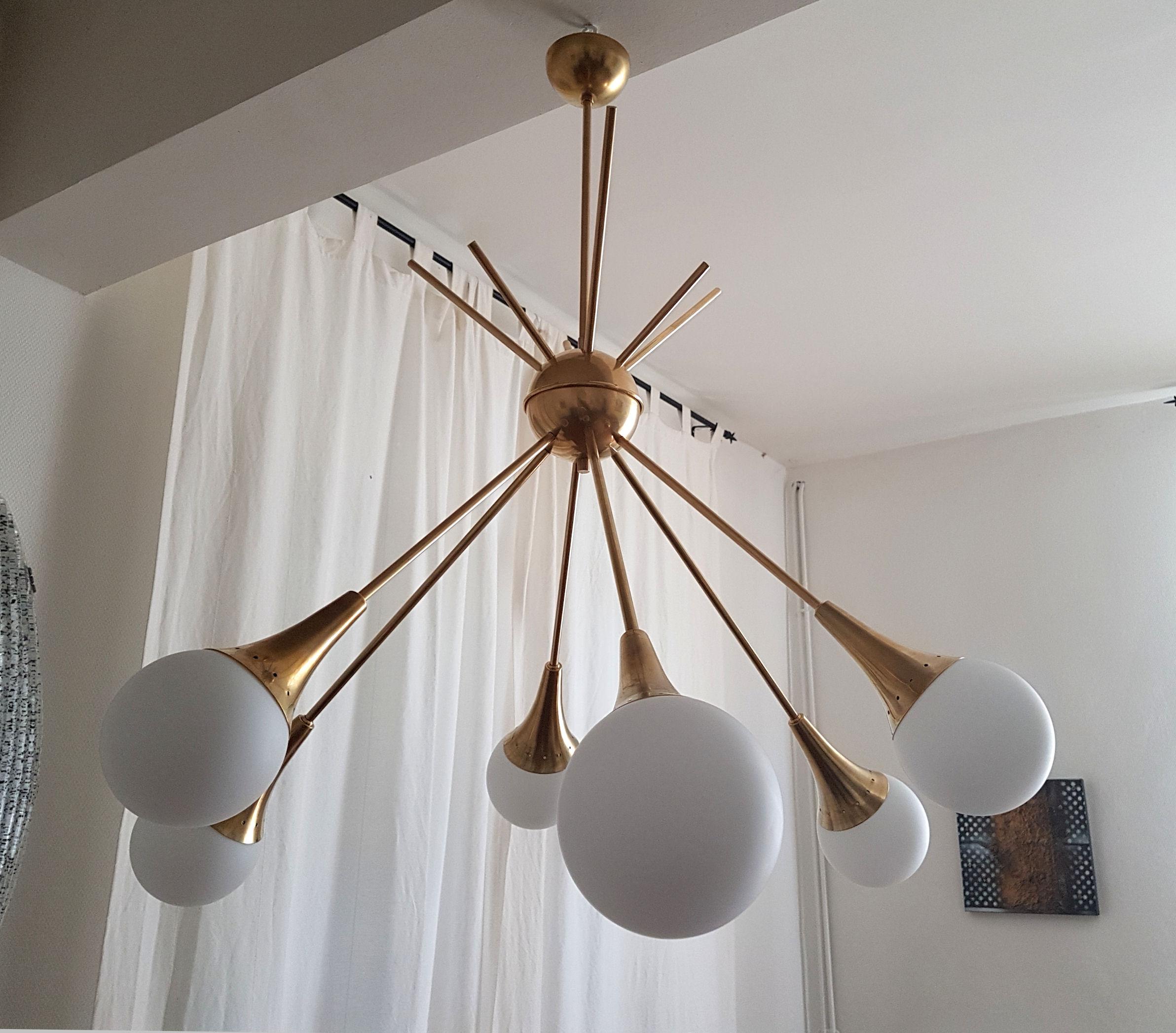 Late 20th Century Two Large Midcentury Brass and Glass Sputnik Chandeliers, Stilnovo Style, 1970s