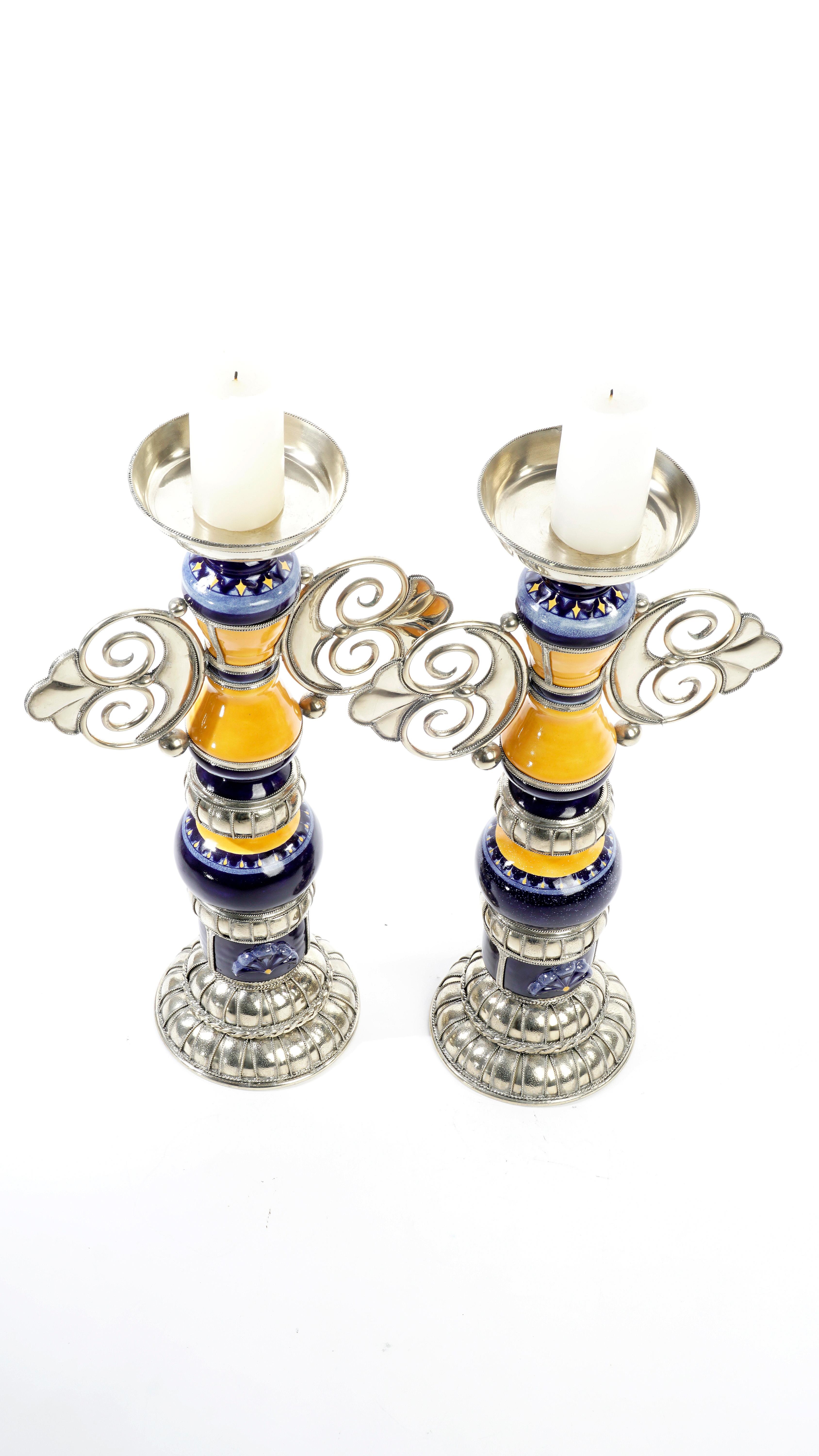 Handmade Candleholders, Ceramic and White Metal ‘Alpaca’, One of a Kind In New Condition In Guadalajara, Jalisco