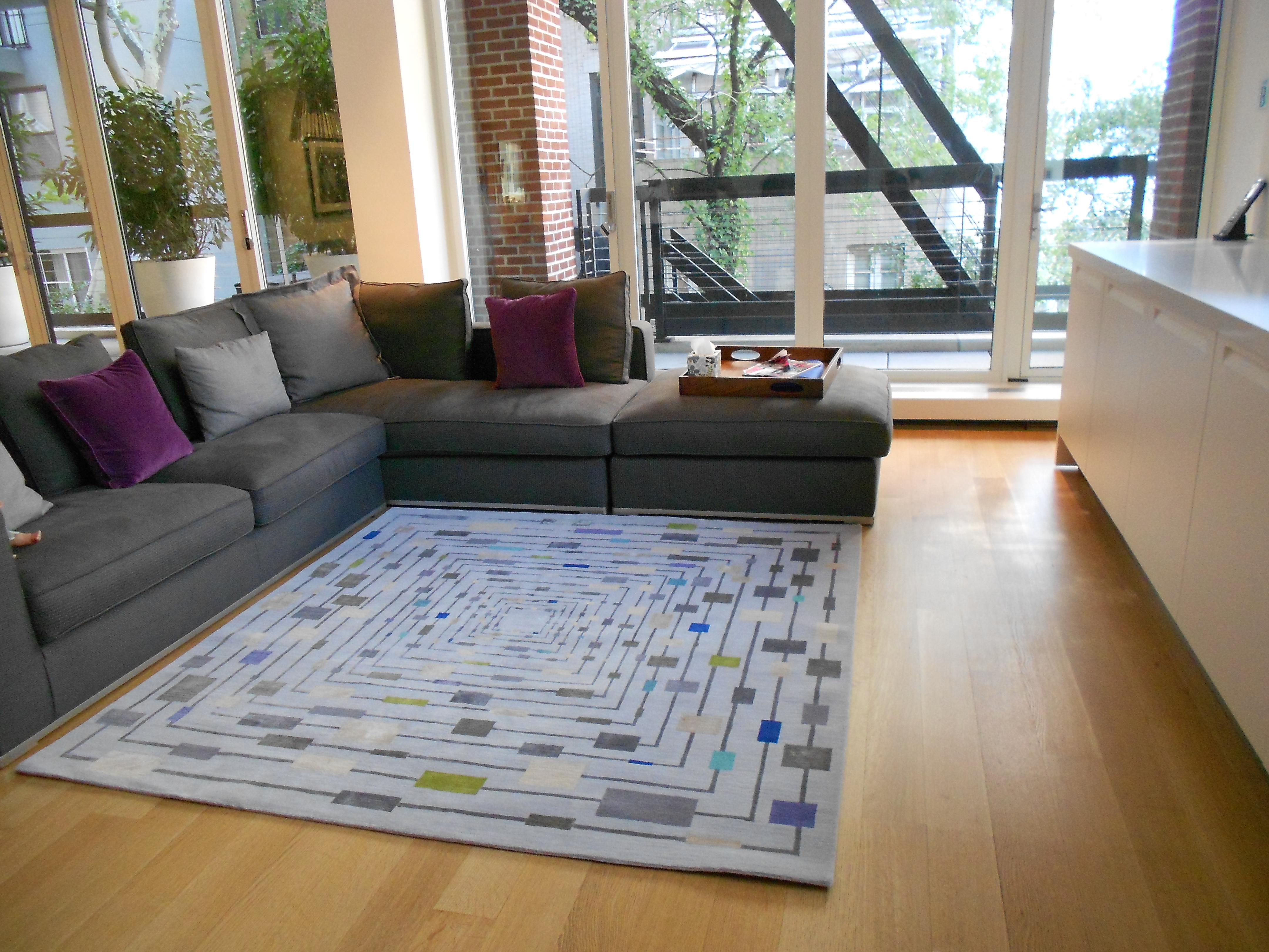 Contemporary Grey and Multi-Color Accent Beads Square Handknotted Silk and Wool Rug For Sale