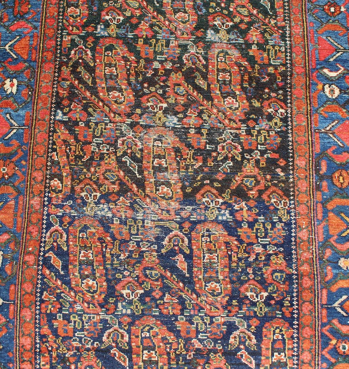 Wool All-Over Design Antique Persian Malayer Long Runner in Blue and Burnt Orange 