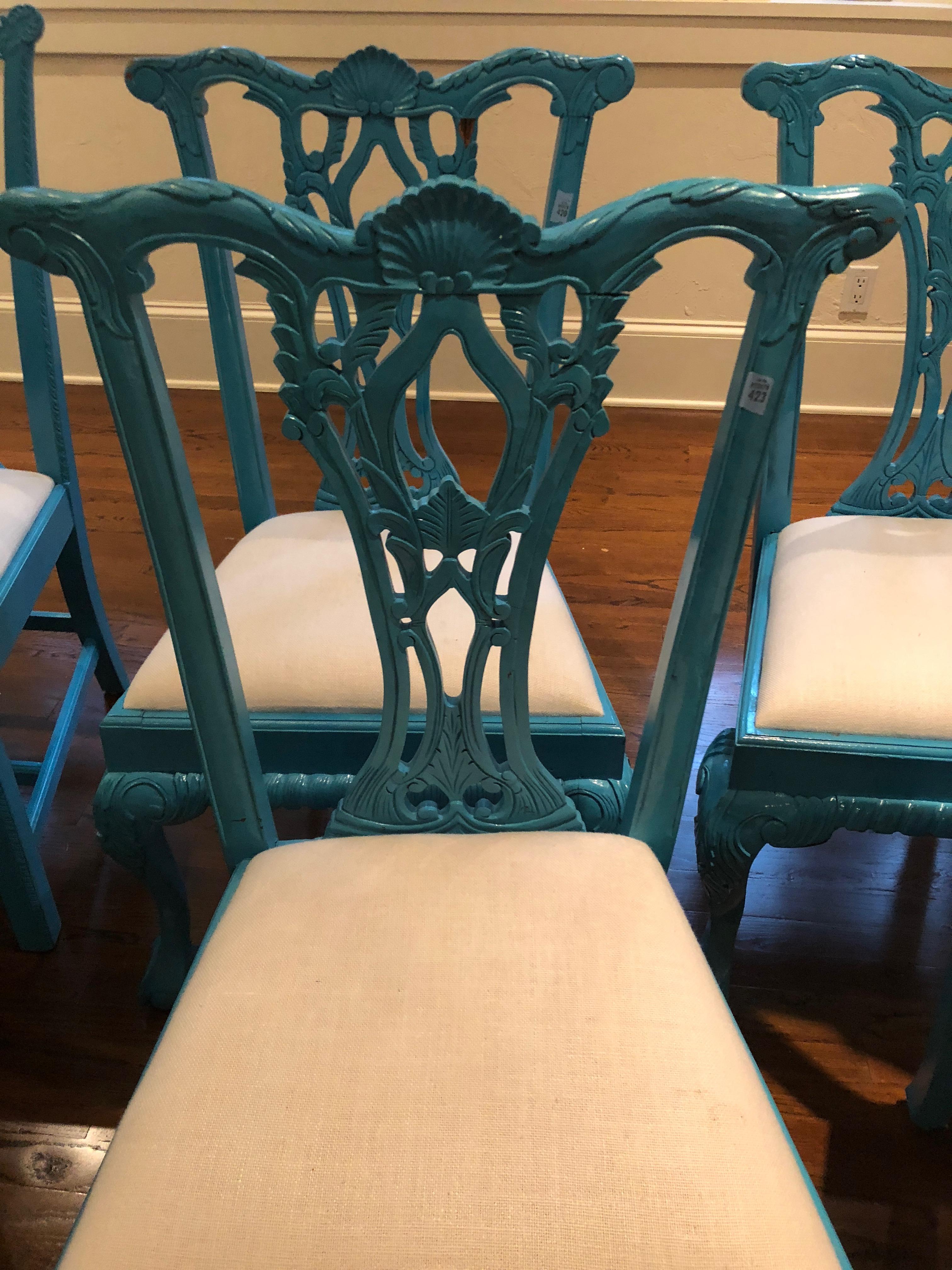 Mid-20th Century Glamorous Set of 8 Lacquered Carved Wood Dining Chairs