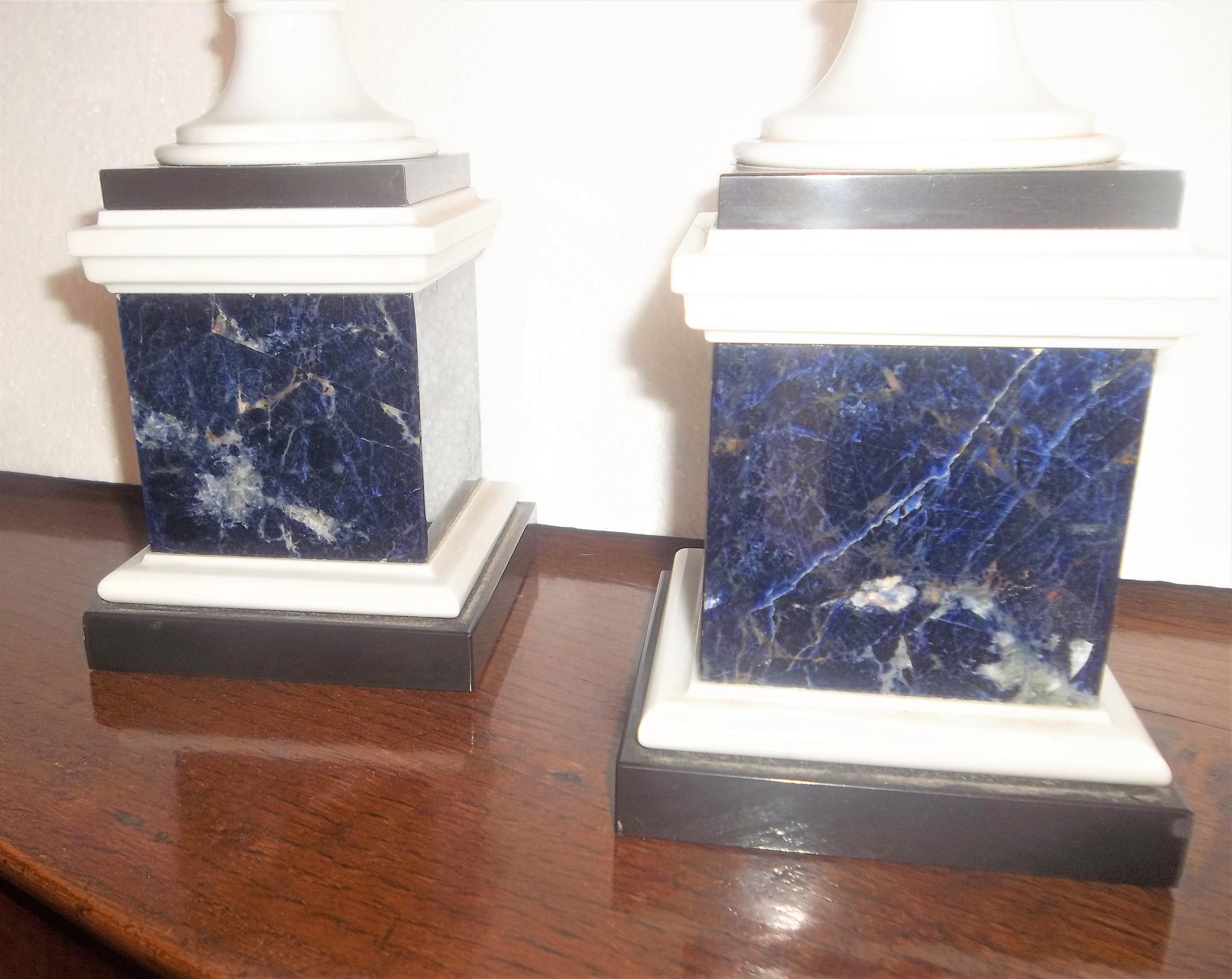 Lapis Lazuli Tall Pair of Neoclassical Styled Lapis Inlaid Urn Garniture Candlesticks