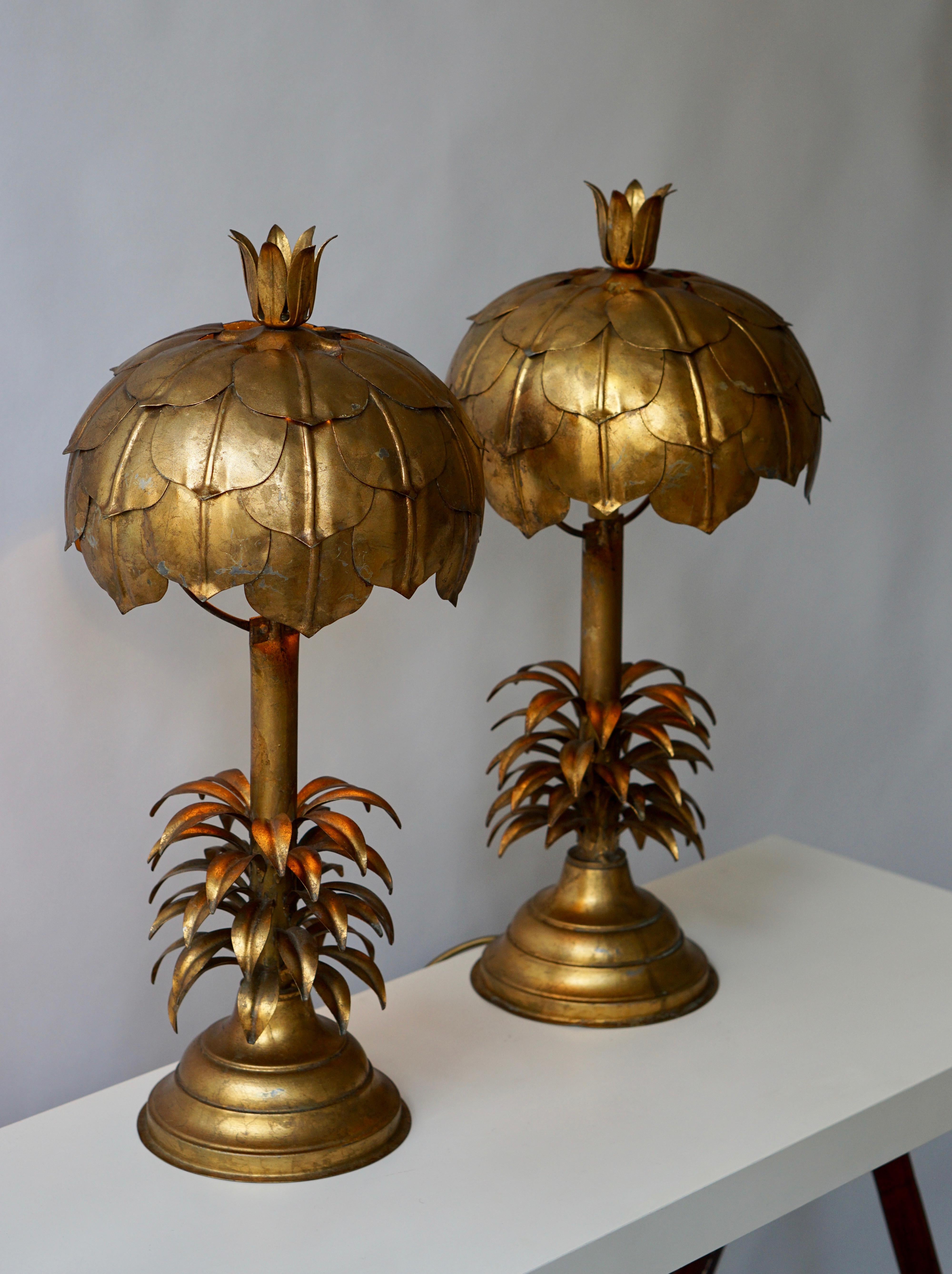 Hollywood Regency One of Two Gilt Metal Palm Tree Lamp