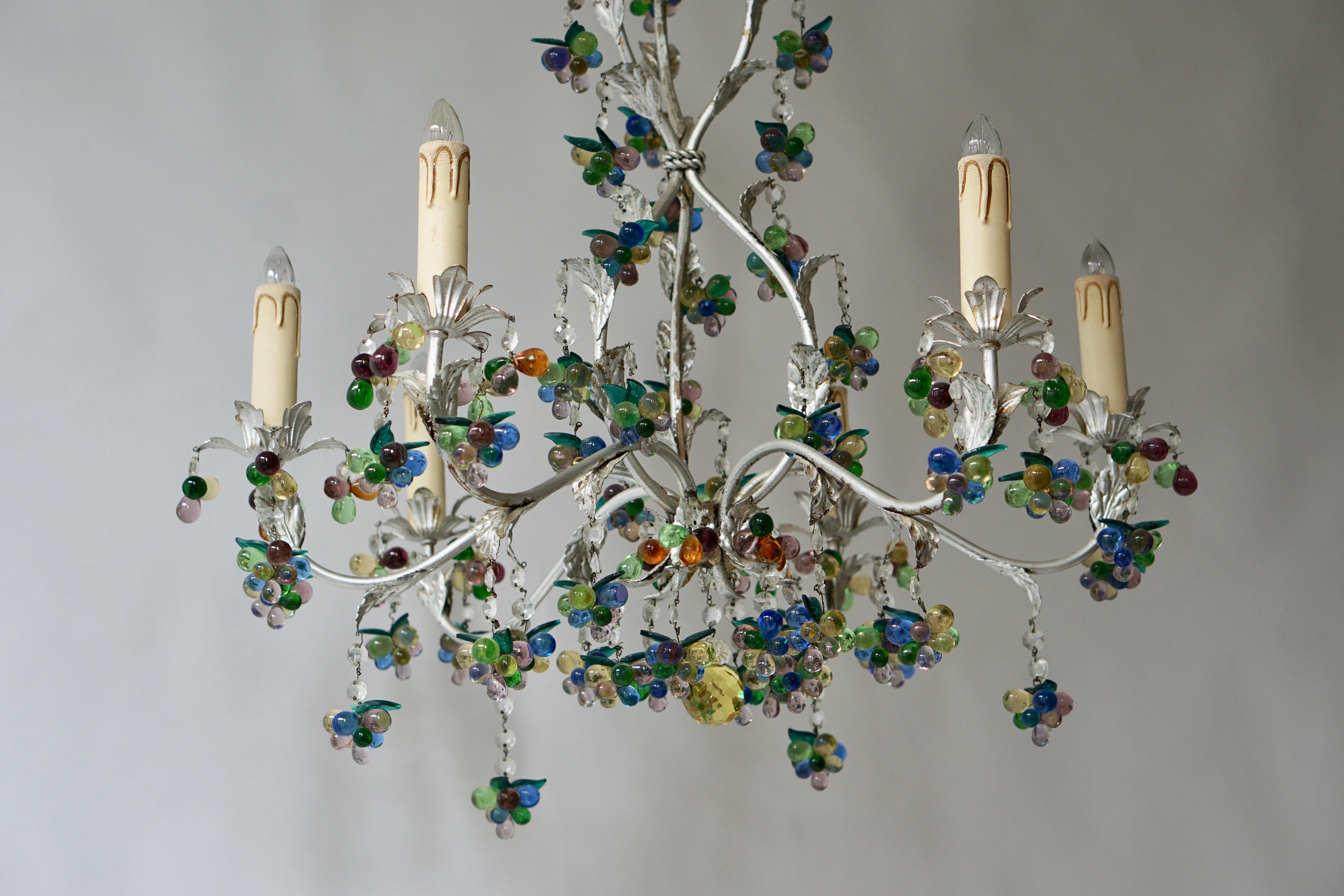 20th Century Large Six Branch Chandelier Hung with Amethyst Grapes