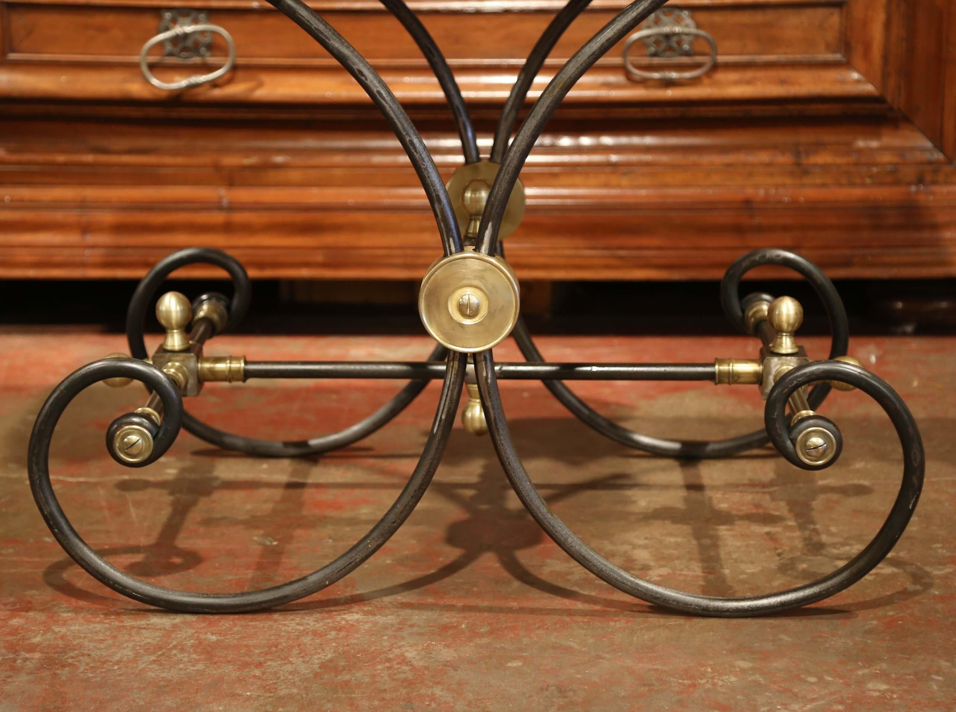 Polished French Iron Butcher or Pastry Table with Marble Top and Brass Mounts 1
