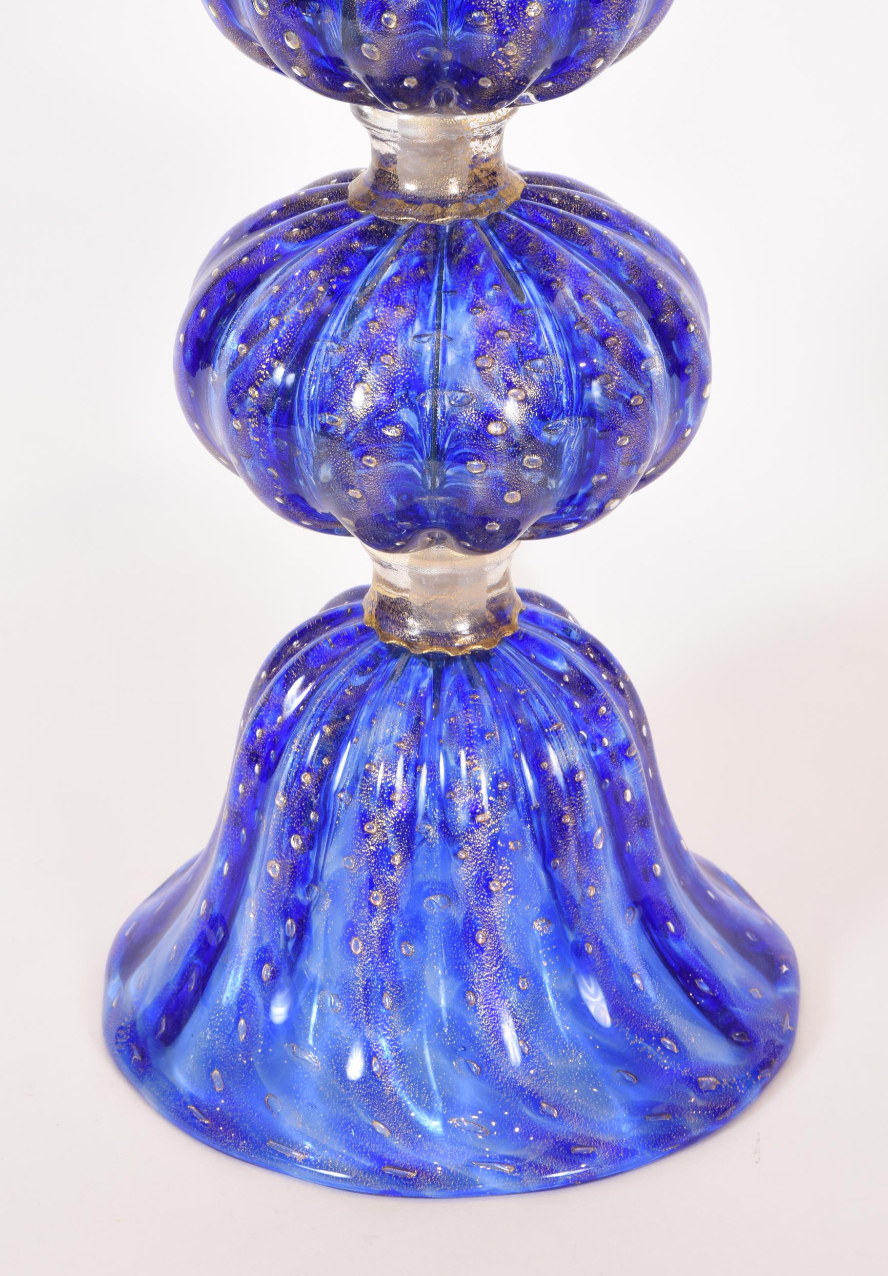 Murano Glass Exquisite Pair of Cobalt Blue with Gold Flecks Table Lamps