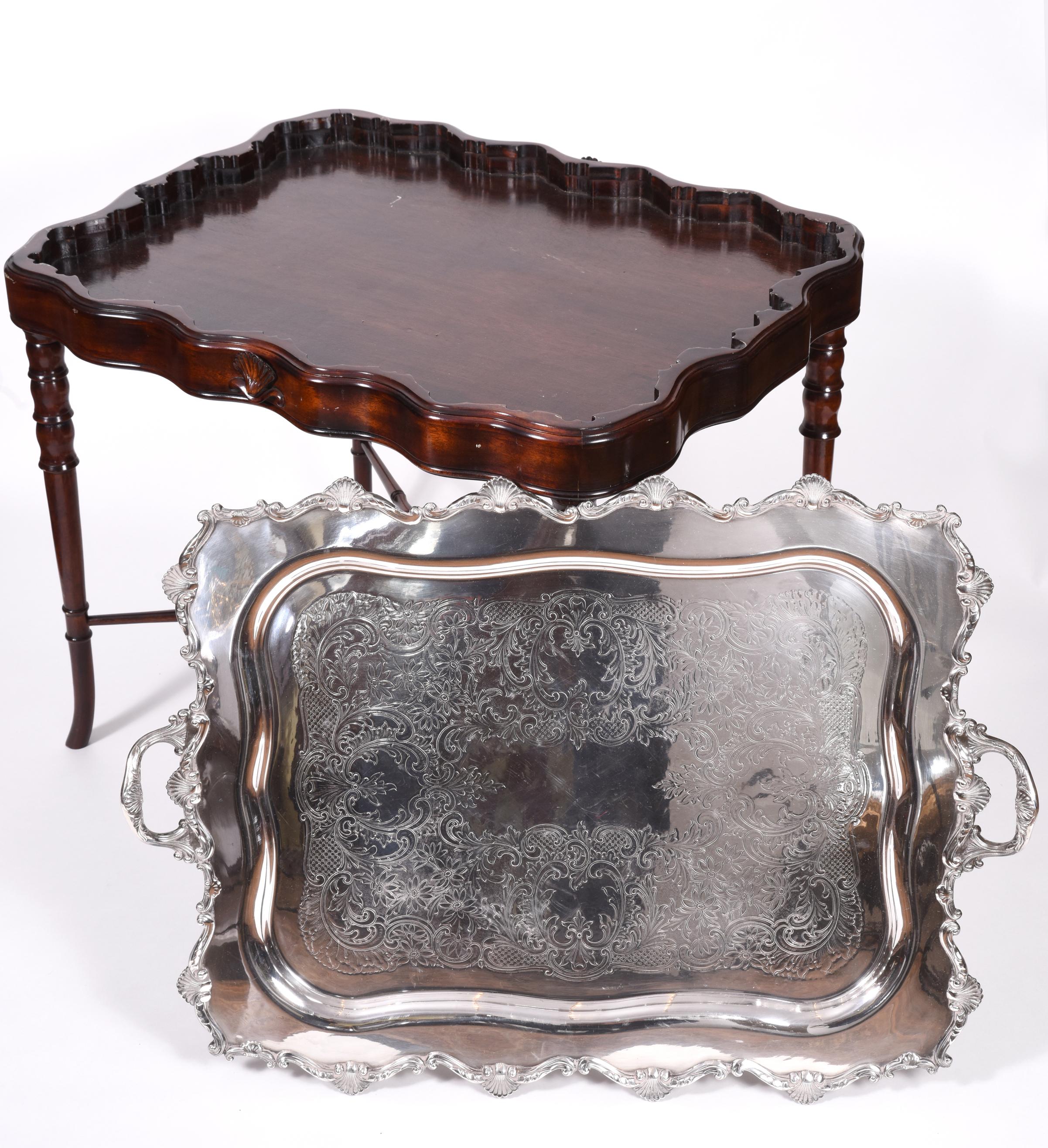 Mid-20th Century Vintage Mahogany Base Frame Silver Plate Tray Table