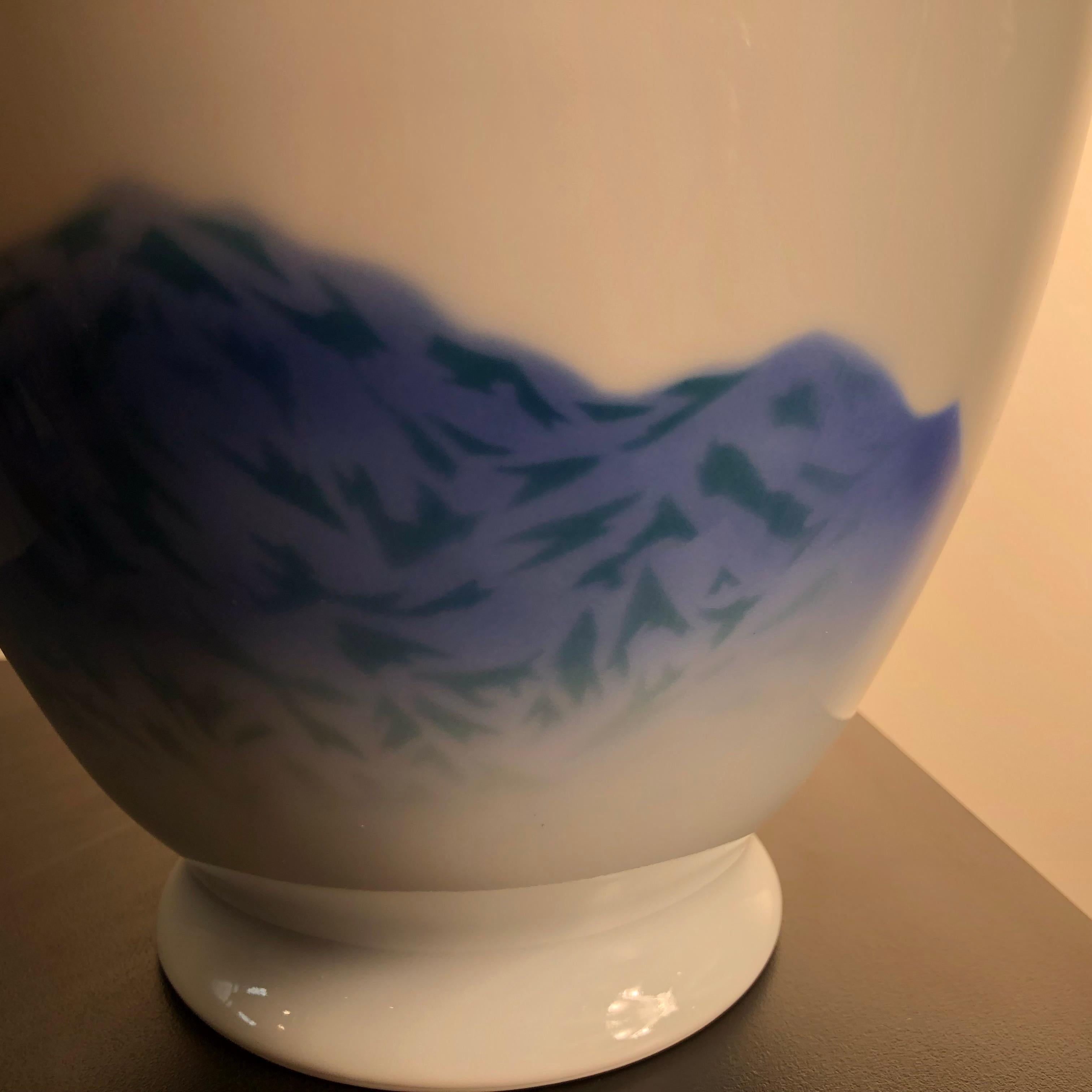 Ceramic Japanese Fine Old Soft Blue Mountains Porcelain Vase, Mint, Signed and Boxed