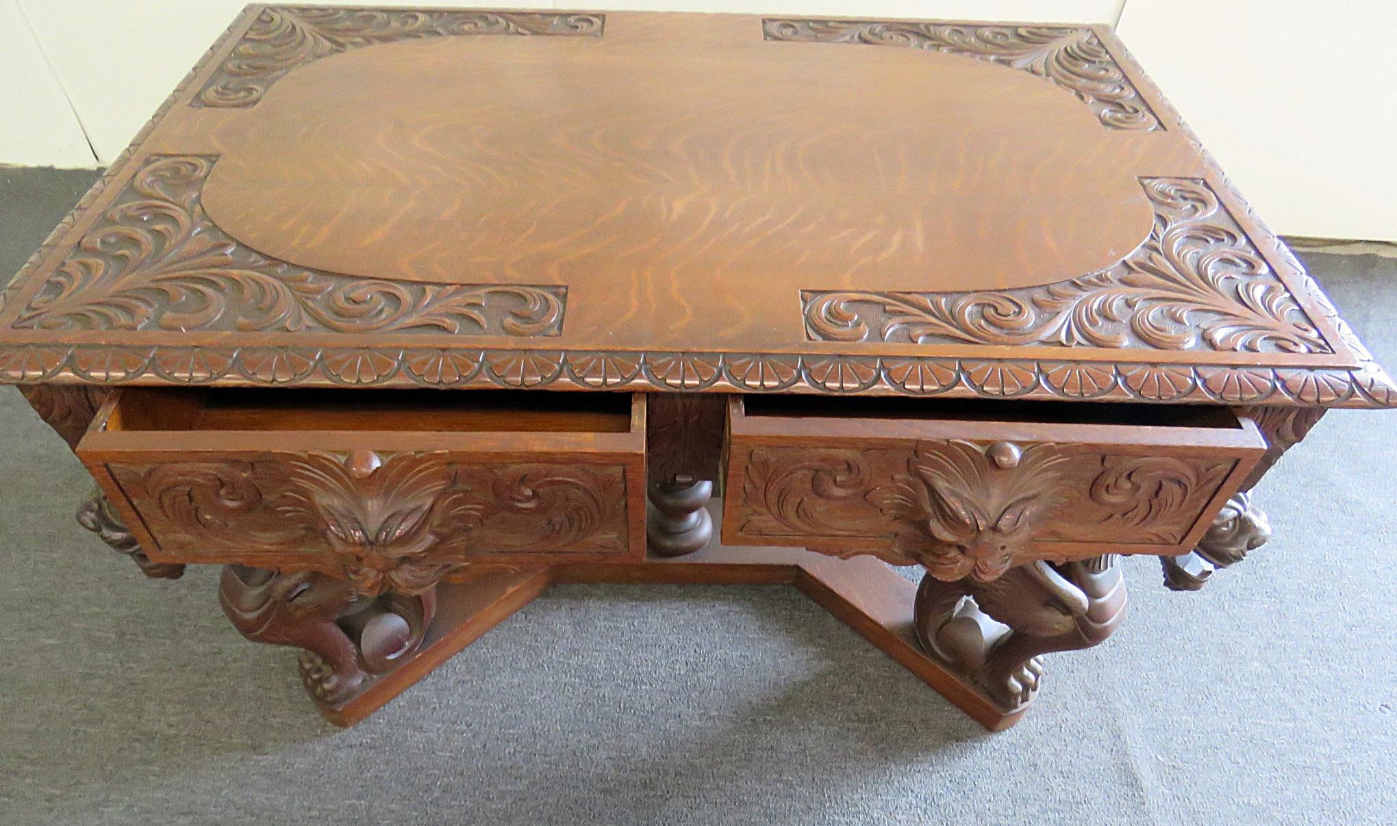 Oak Renaissance Style Winged Griffin Desk 3