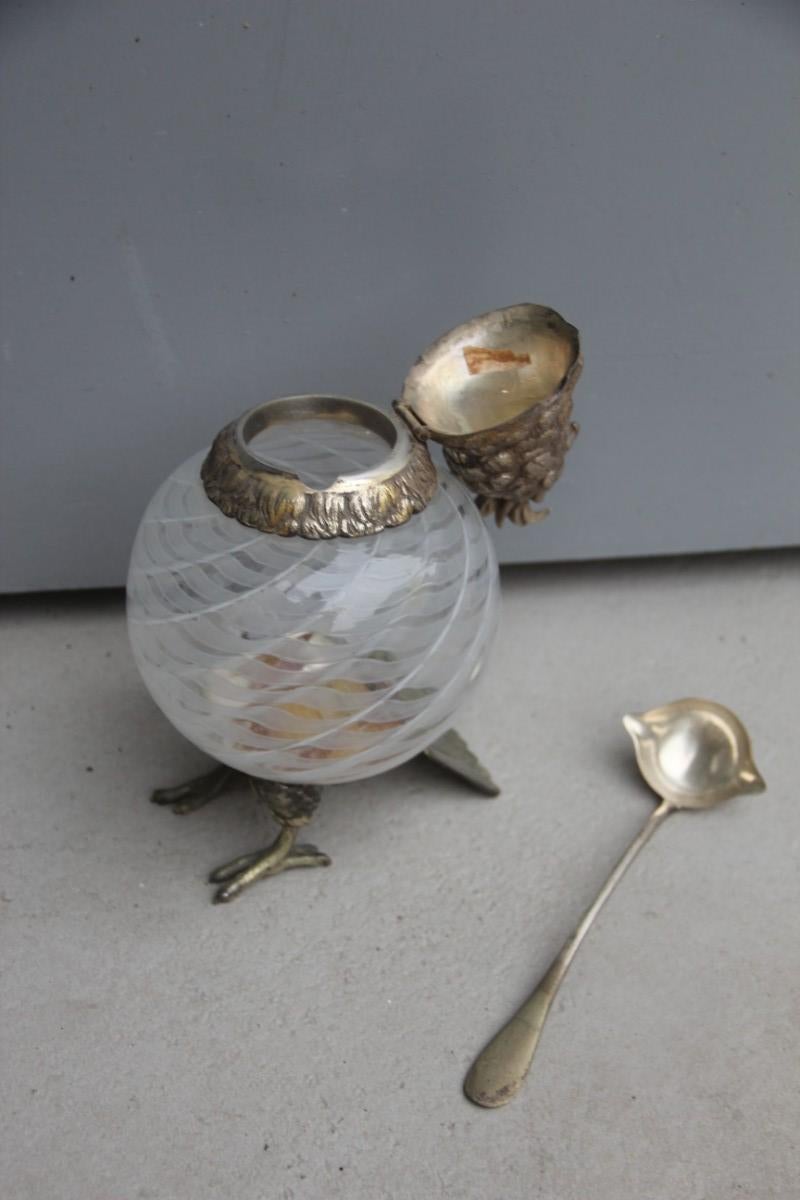 Box with Glass Lid Owl 1960 Italian Design Murano Glass Metal Chrome Brass For Sale 2