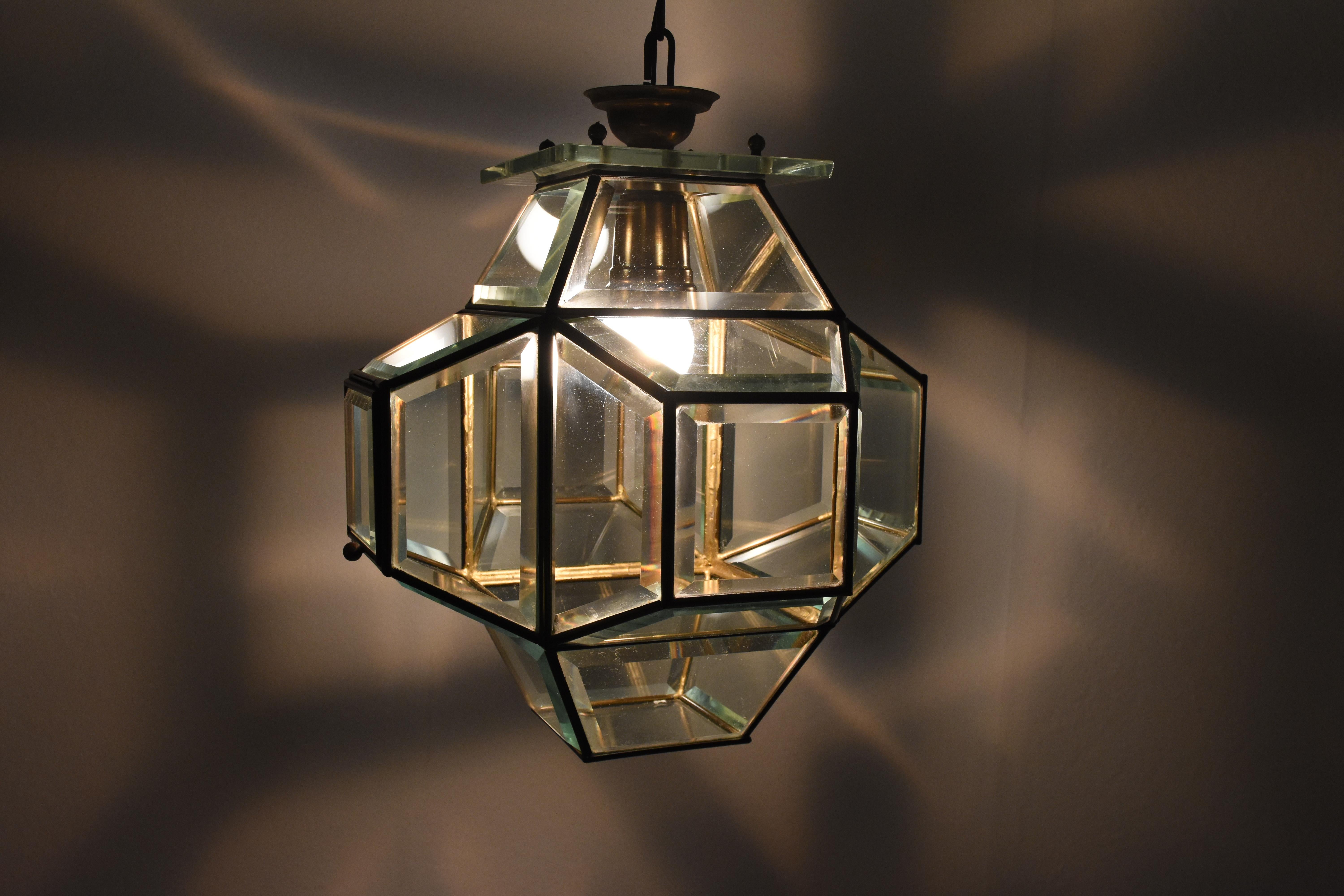 1950s Glass and Brass Lantern Attributed to Fontana Arte, Italy Lighting 1