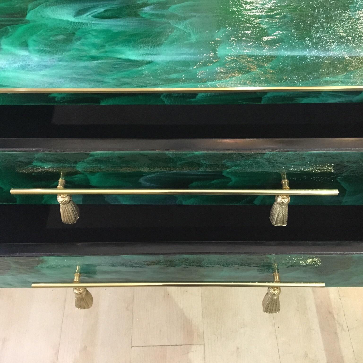 Italian Green Opaline Glass Chest of Drawers Malachite Effect and Brass, 1970s 2