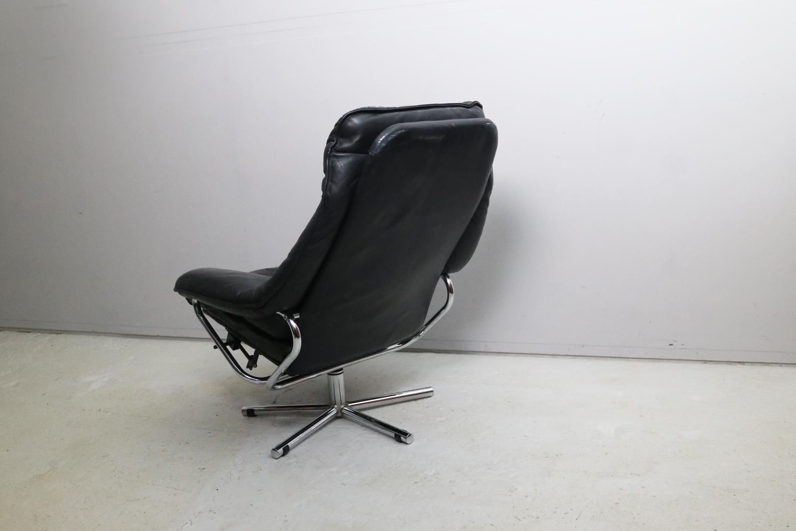 Plated 1960s Norwegian Reclining Leather Armchair by Skoghaug Industries