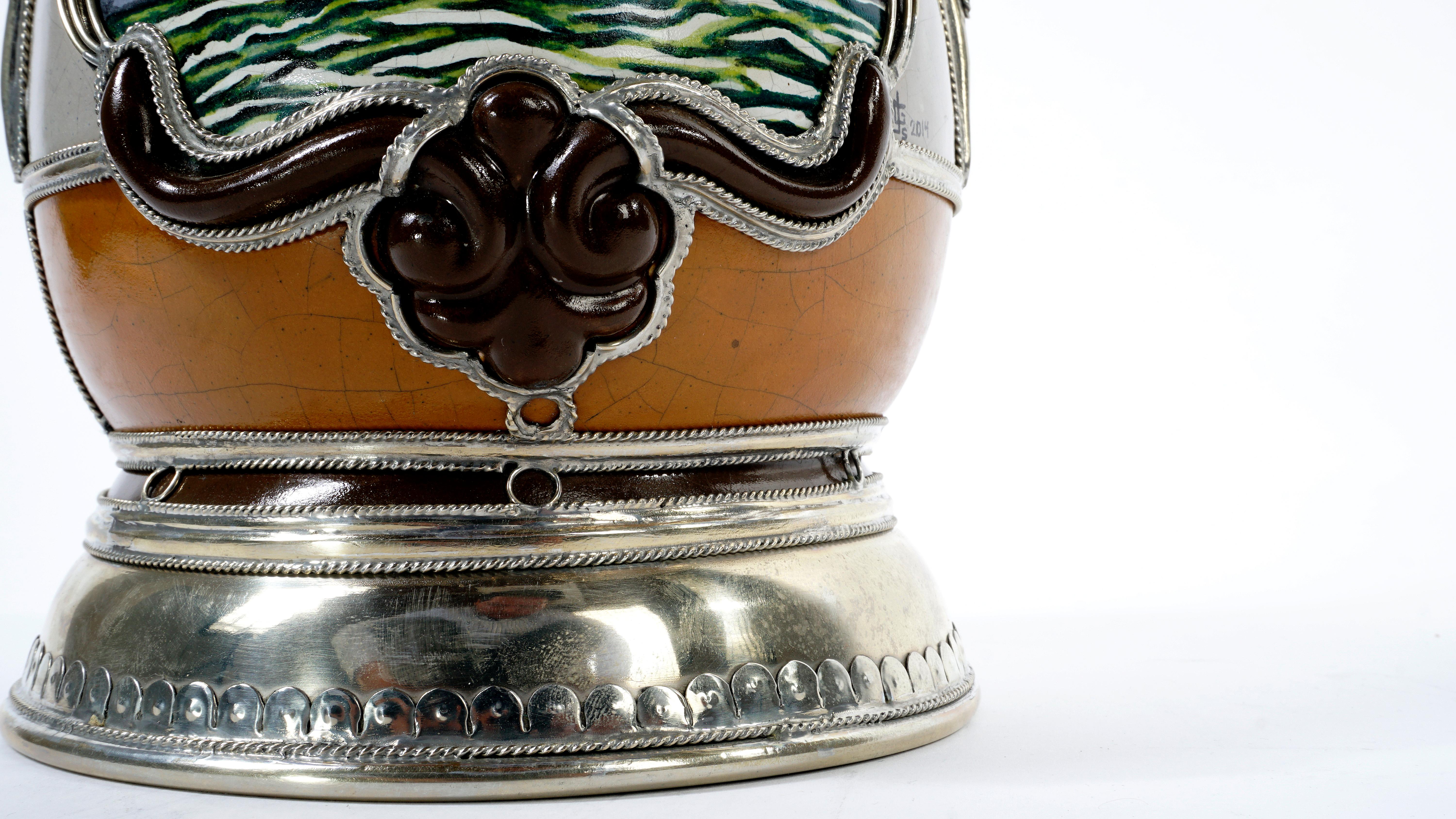 Contemporary Handmade Galleon Jar, Ceramic and White Metal ‘Alpaca’, One of a Kind