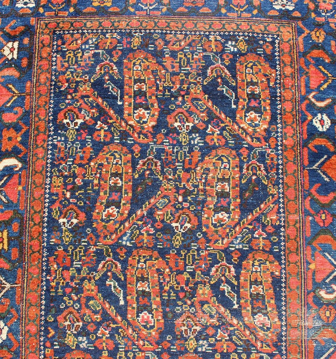 All-Over Design Antique Persian Malayer Long Runner in Blue and Burnt Orange  1