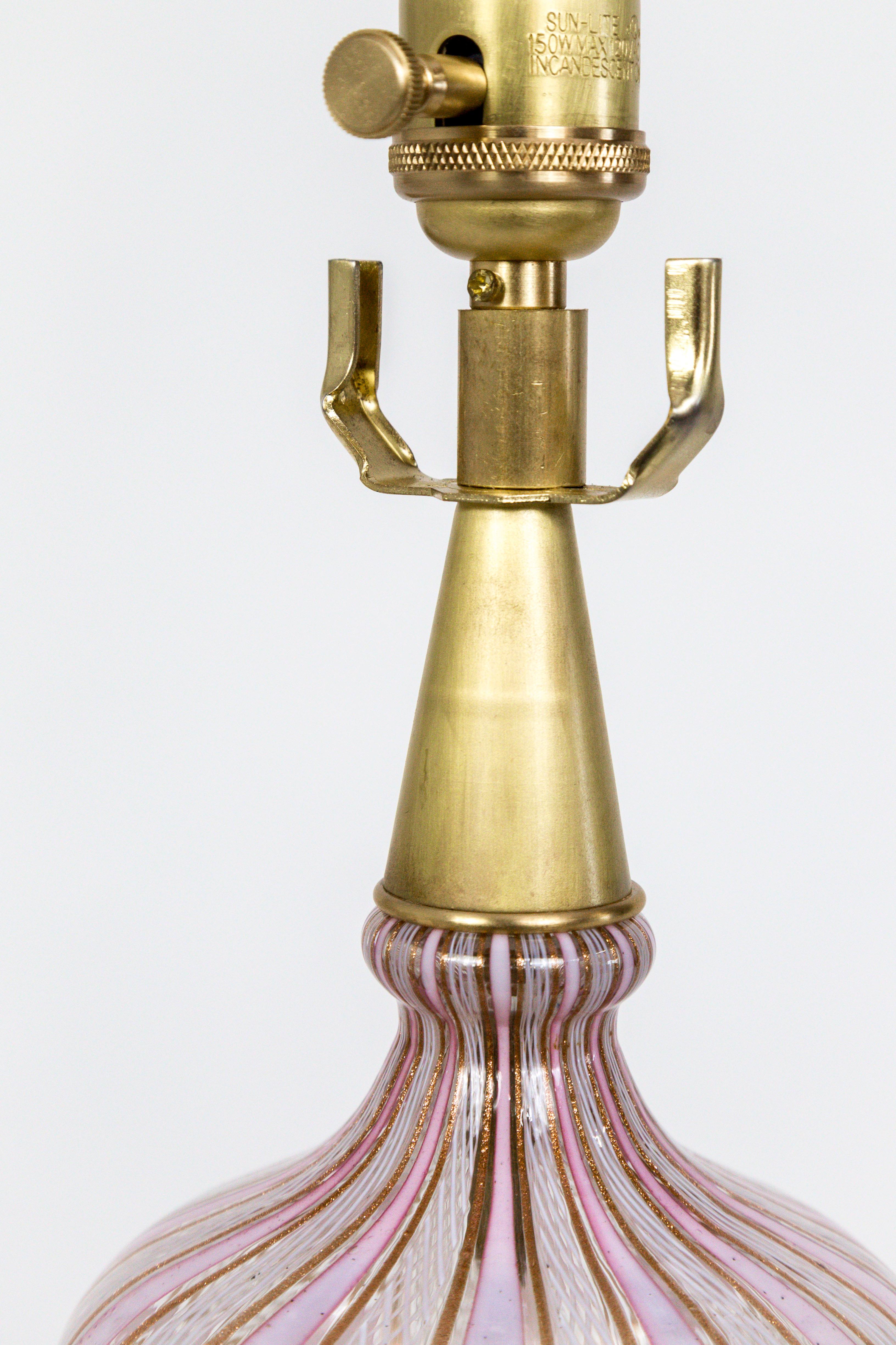 Brass Pink Filigrana Aventurine Glass Murano Lamp