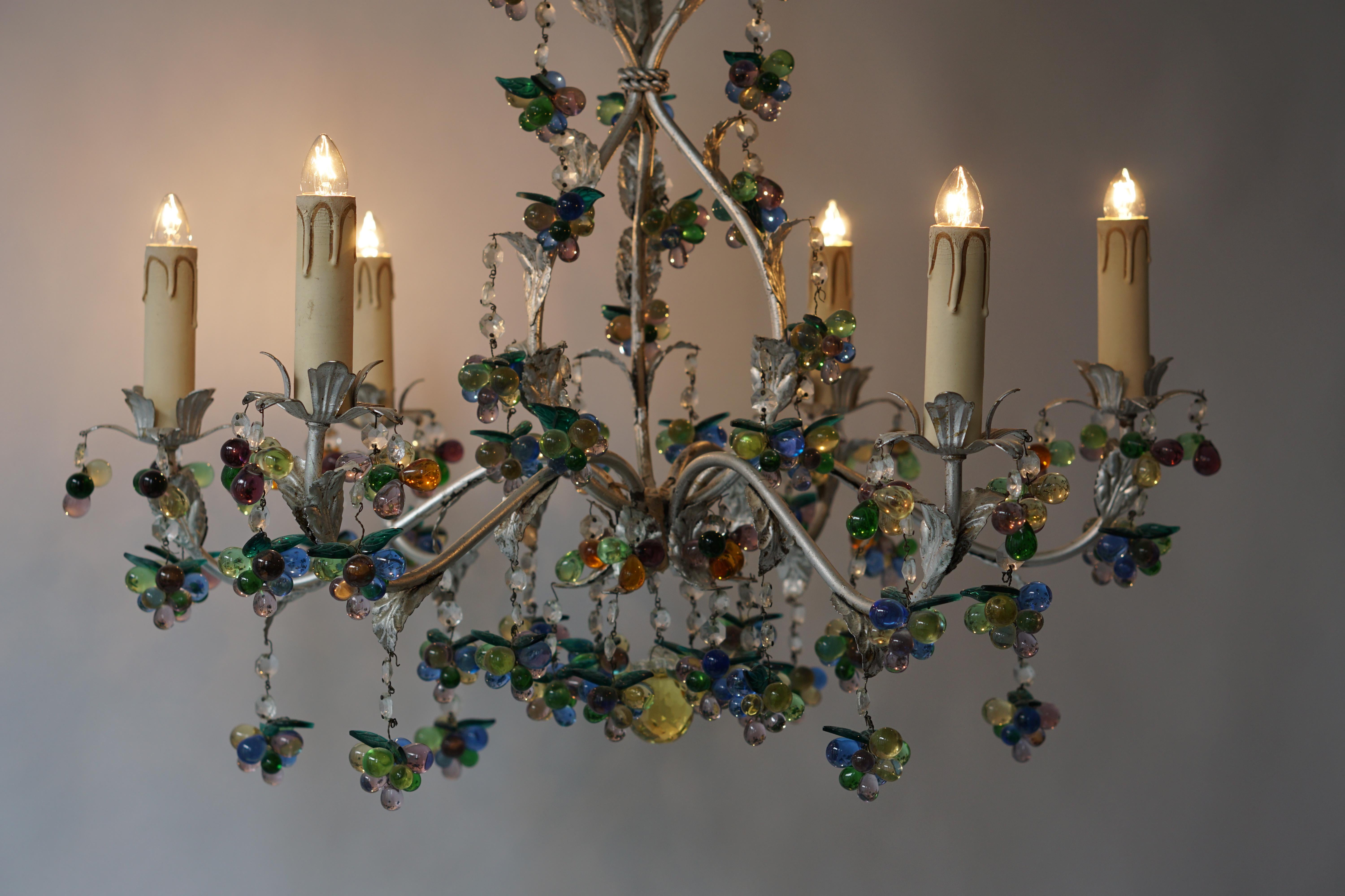 Metal Large Six Branch Chandelier Hung with Amethyst Grapes