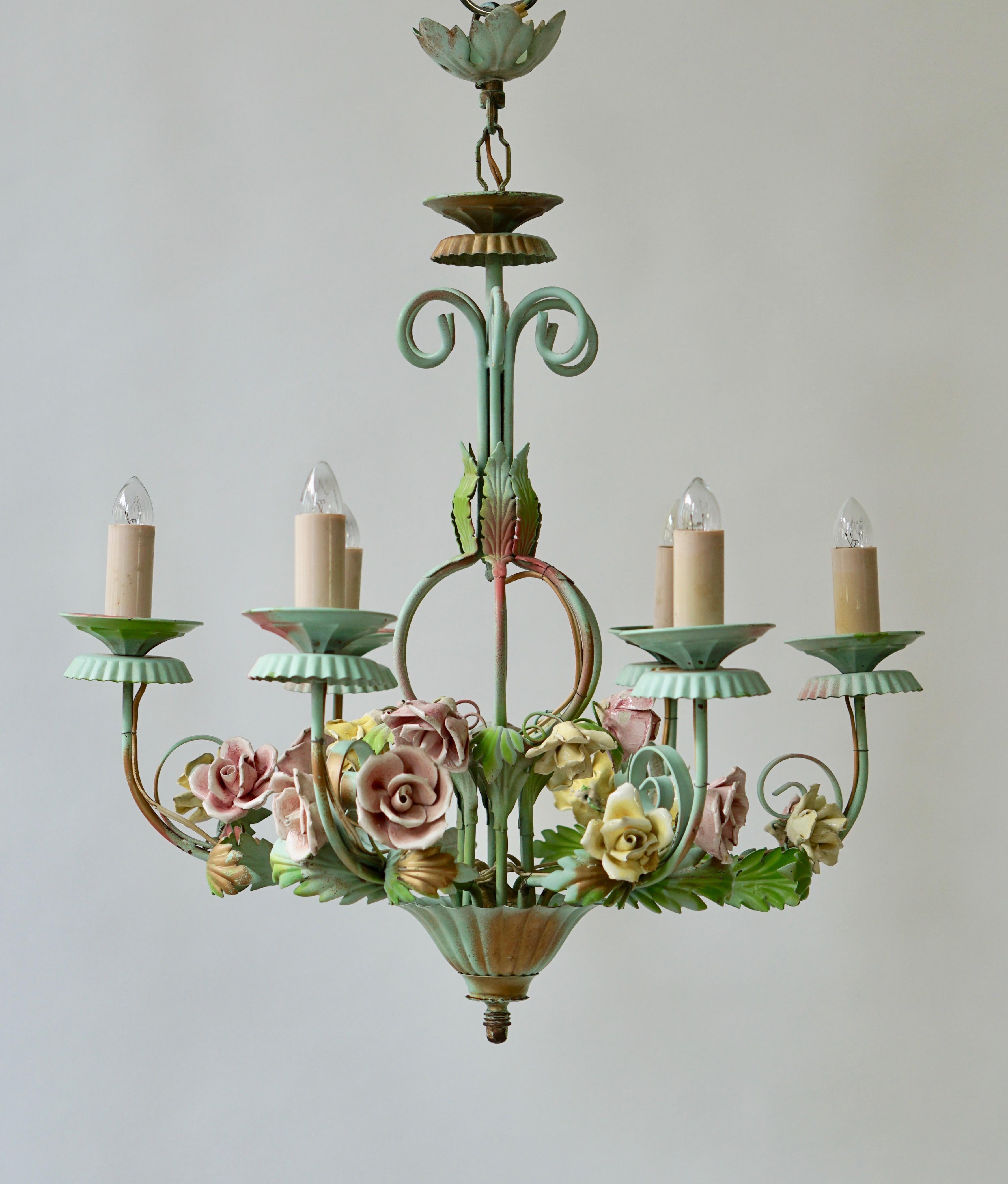 20th Century Italian Tole Chandelier with Flowers