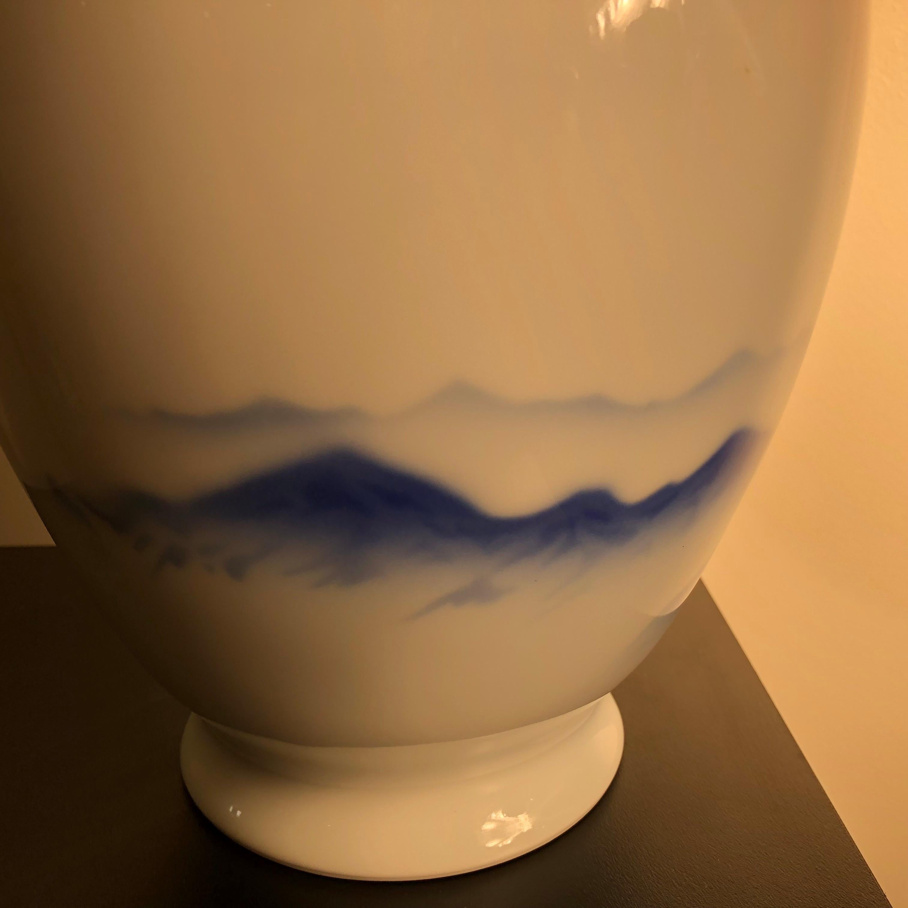 Japanese Fine Old Soft Blue Mountains Porcelain Vase, Mint, Signed and Boxed 1