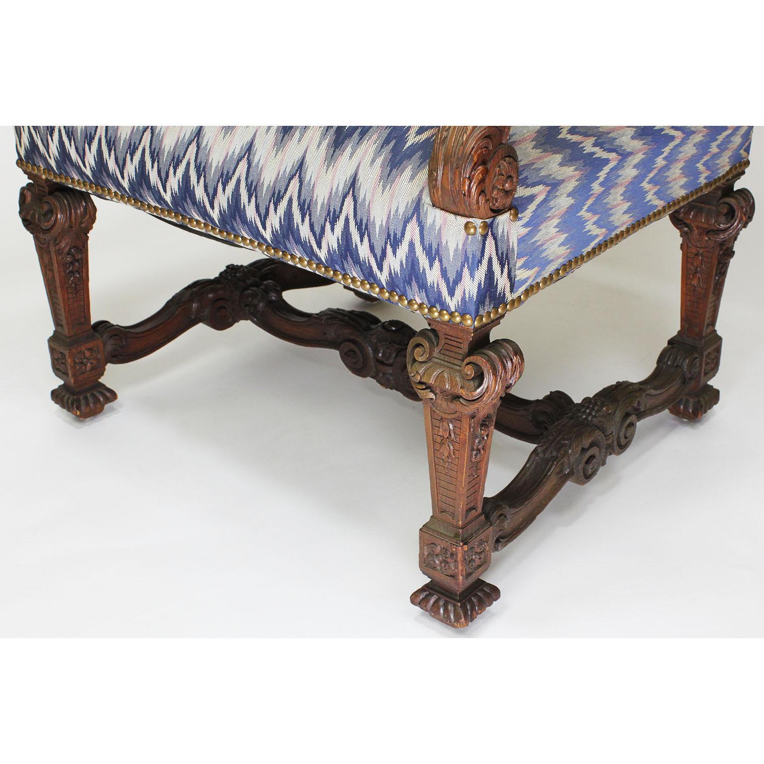 Fabric Fine French 19th Century Louis XIV Style Baroque Carved Walnut Throne Armchair For Sale