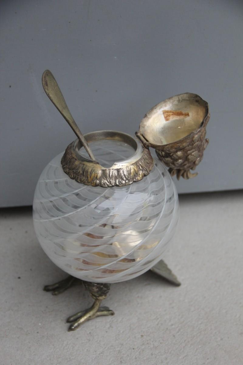 Box with Glass Lid Owl 1960 Italian Design Murano Glass Metal Chrome Brass For Sale 3