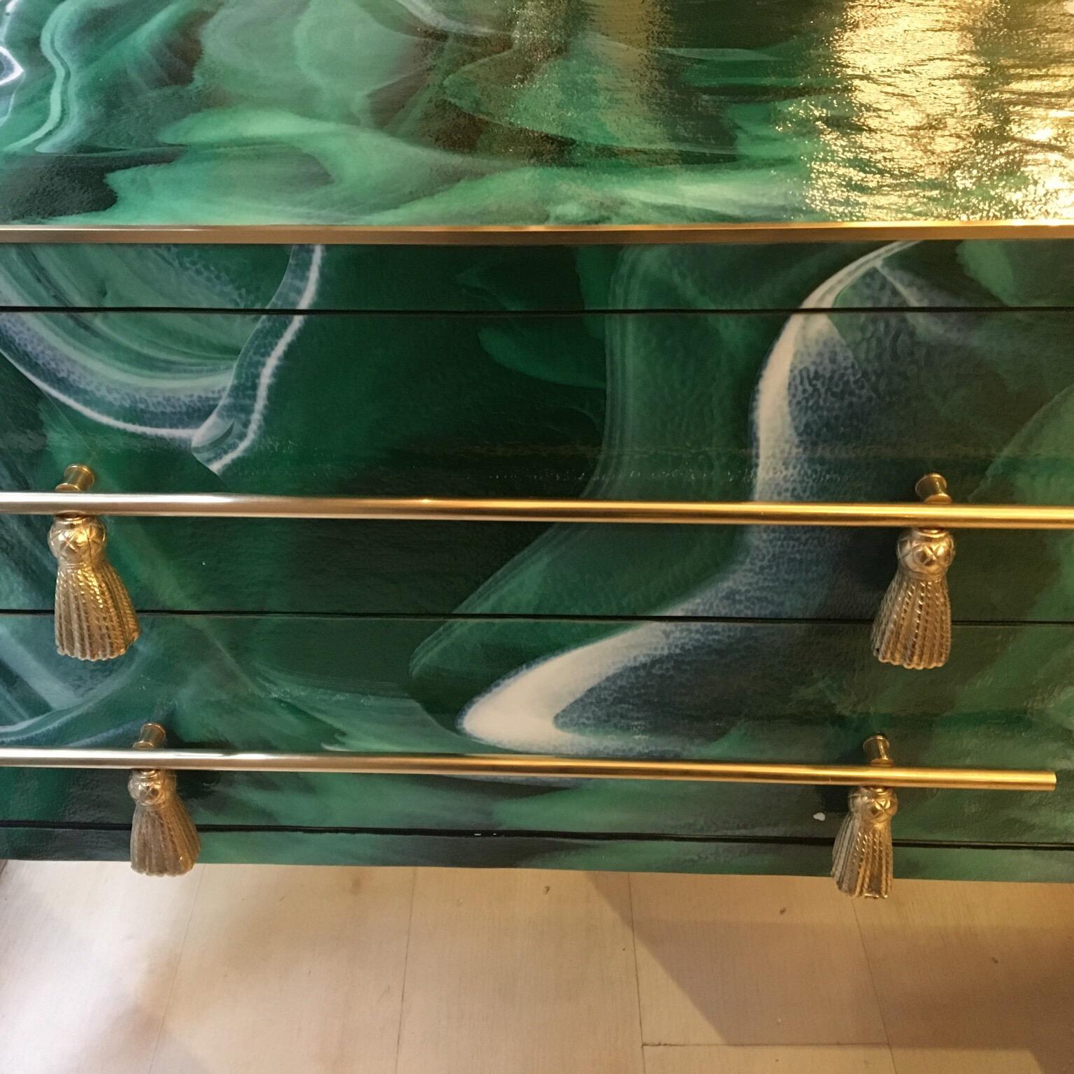 Italian Green Opaline Glass Chest of Drawers Malachite Effect and Brass, 1970s 3